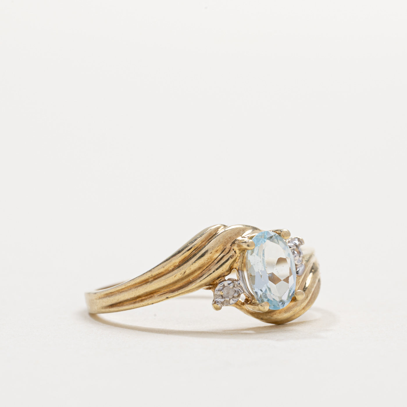 10K Aquamarine & Diamond Grooved Bypass Ring | SZ 6.0