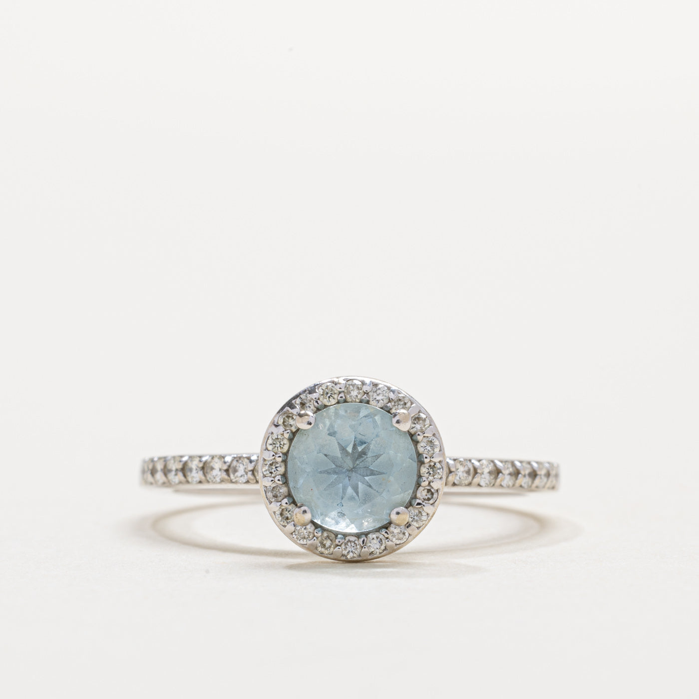 14K Round Cut Aquamarine & Diamond Halo Ring | 0.68ct, 0.12ctw | SZ 7.25