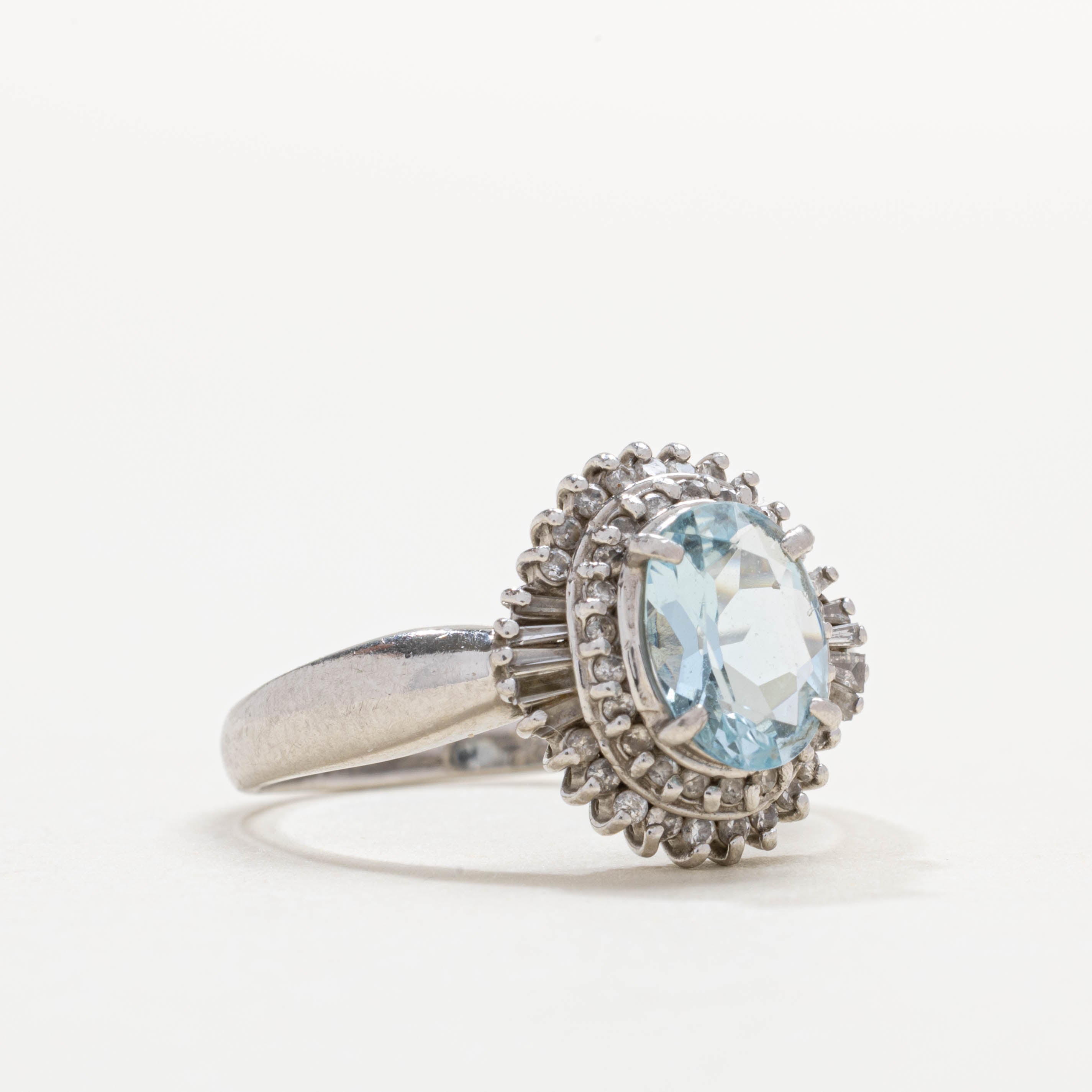 Platinum Aquamarine & Diamond Petal Halo Ring | 0.82ct, 0.15ctw | SZ 6.0