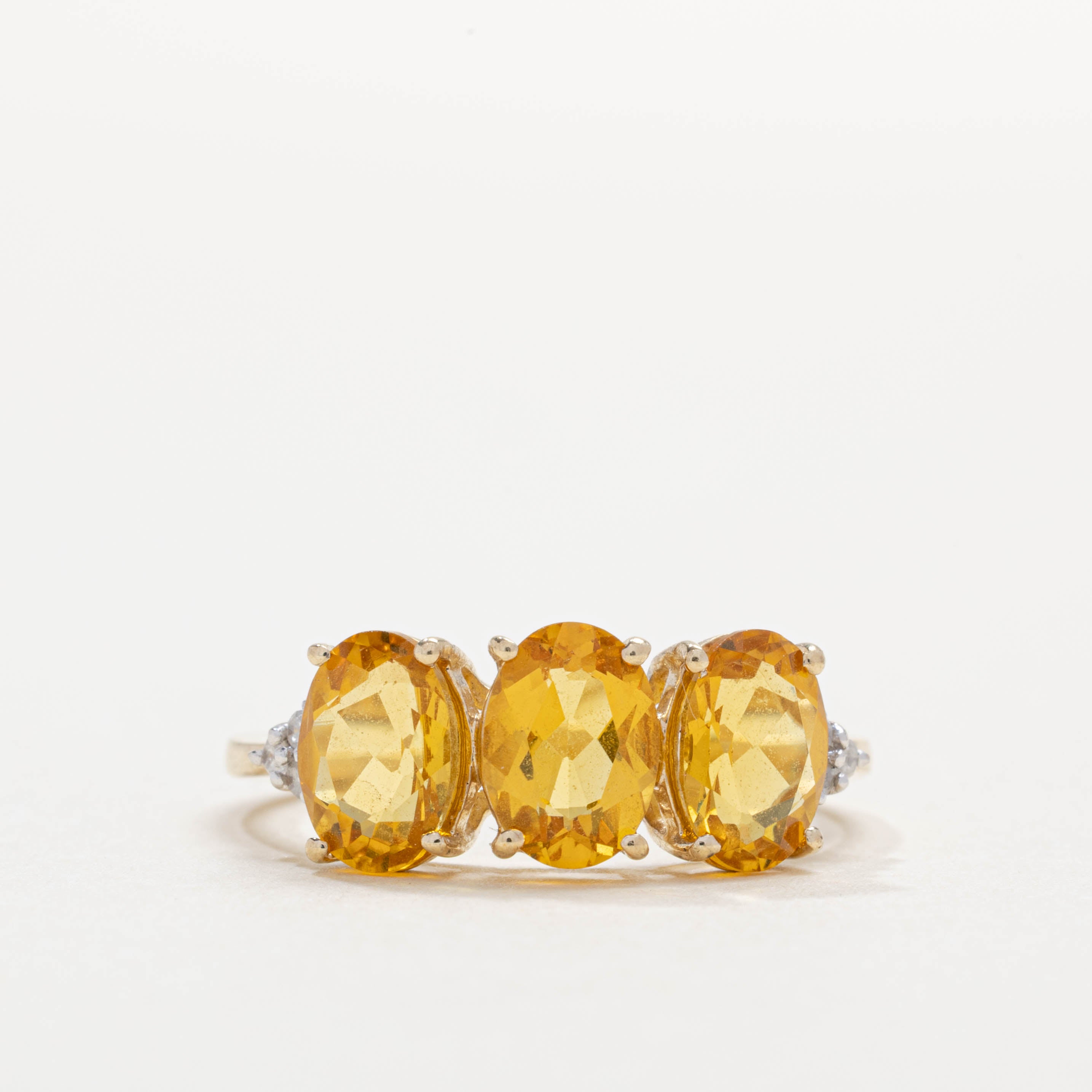 10K Three Stone Oval Cut Citrine & Diamond Ring | SZ 6.25