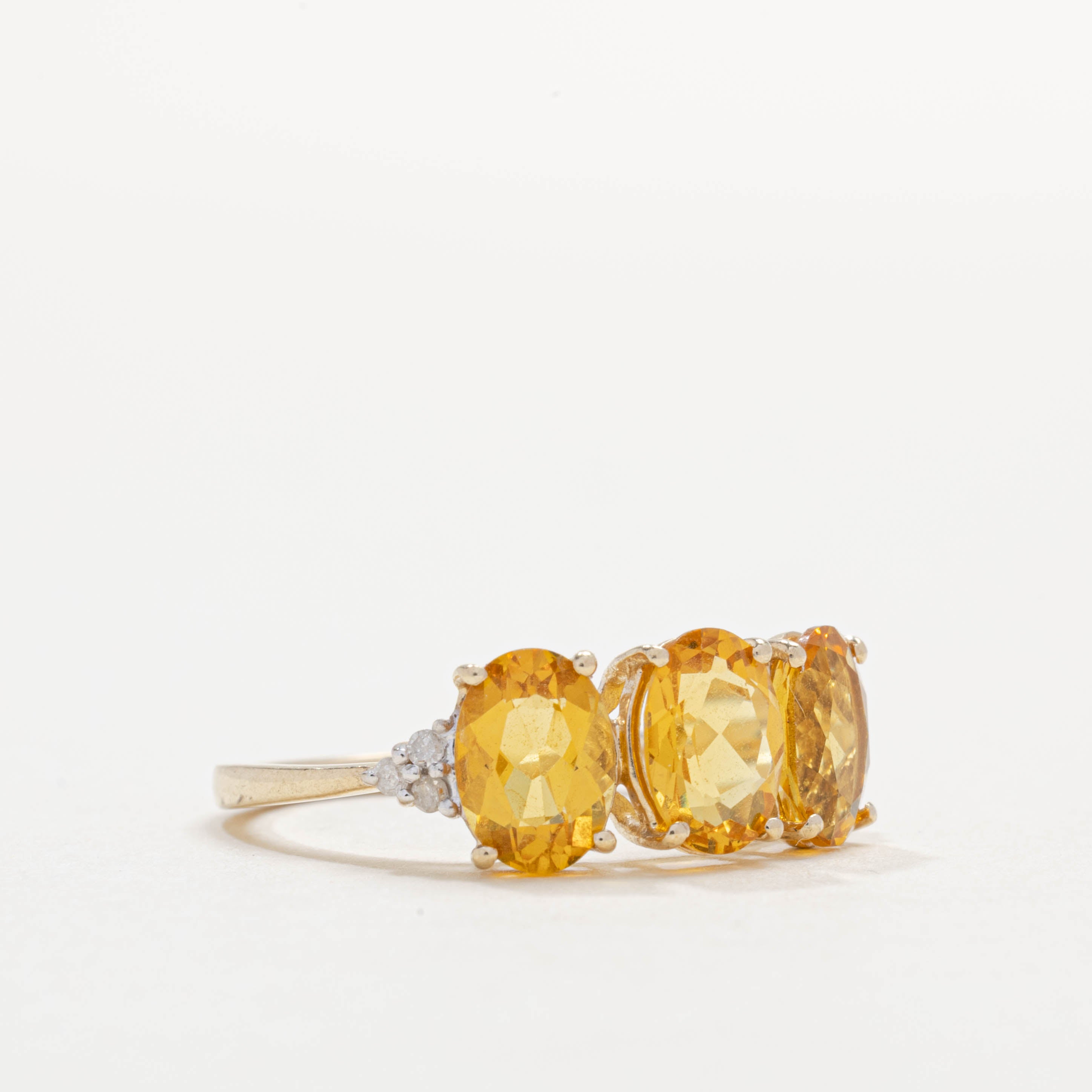 10K Three Stone Oval Cut Citrine & Diamond Ring | SZ 6.25