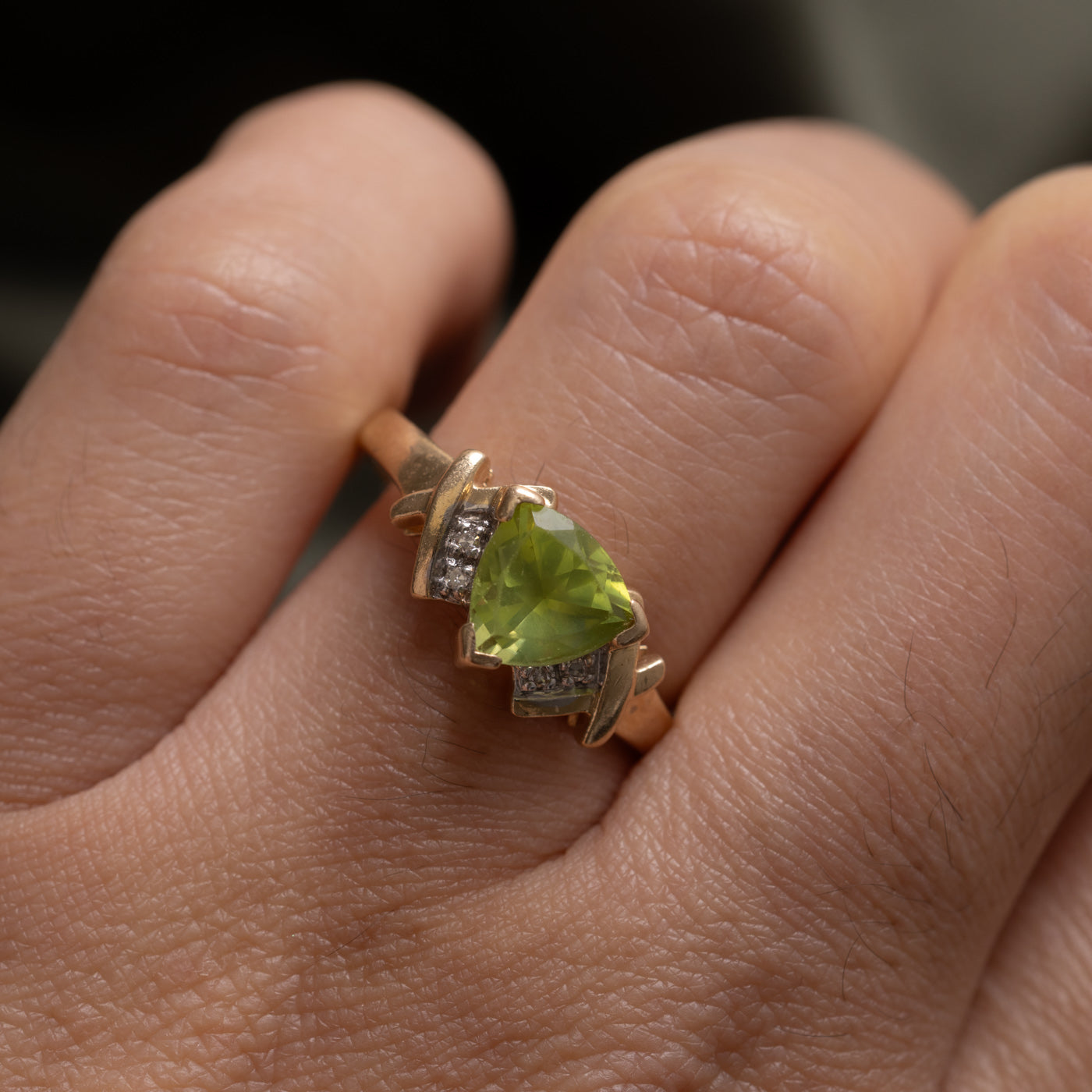 14K Trillion Cut Peridot & Diamond Geometric Ring | SZ 7.5