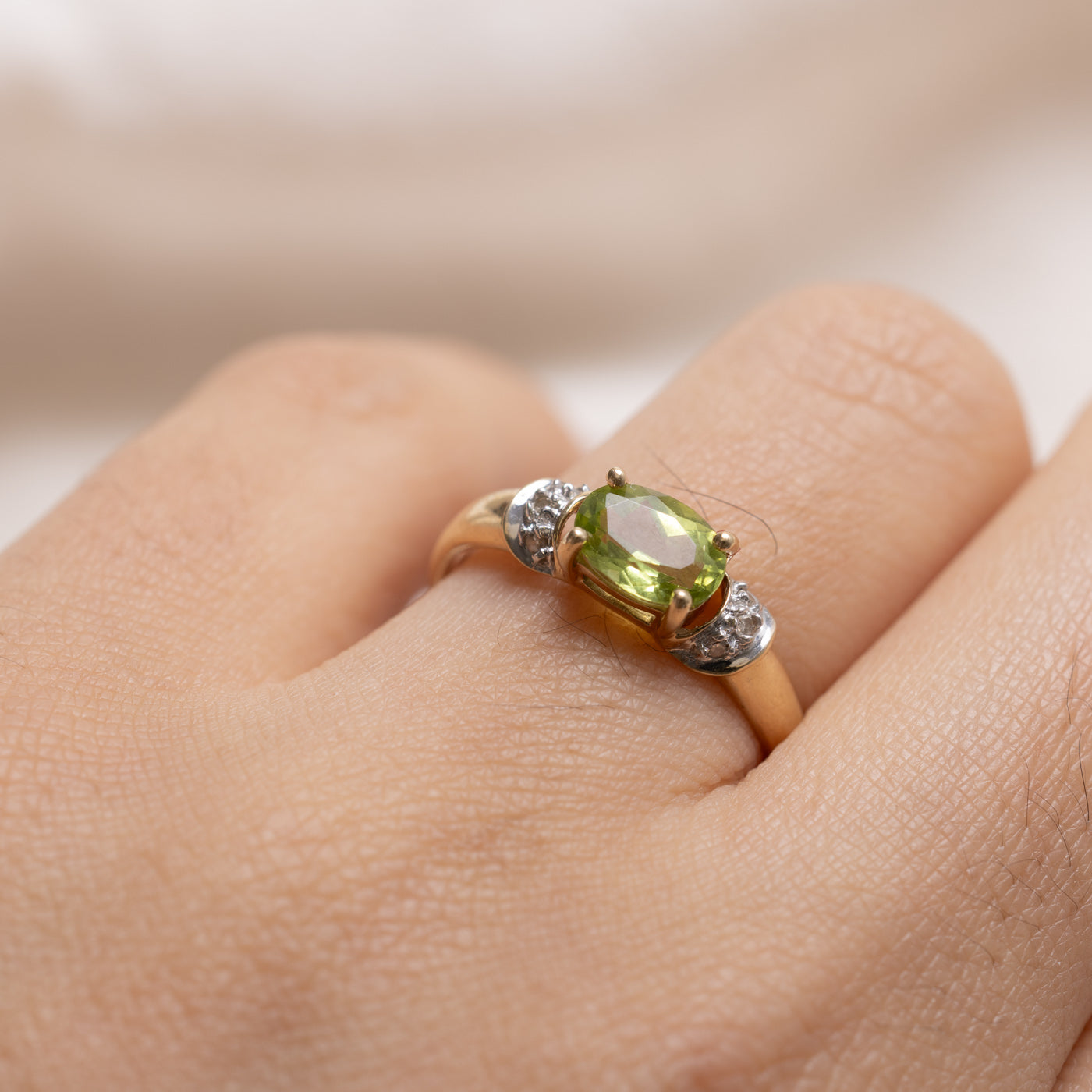 10K East West Oval Cut Peridot & Diamond Ring | SZ 7.0