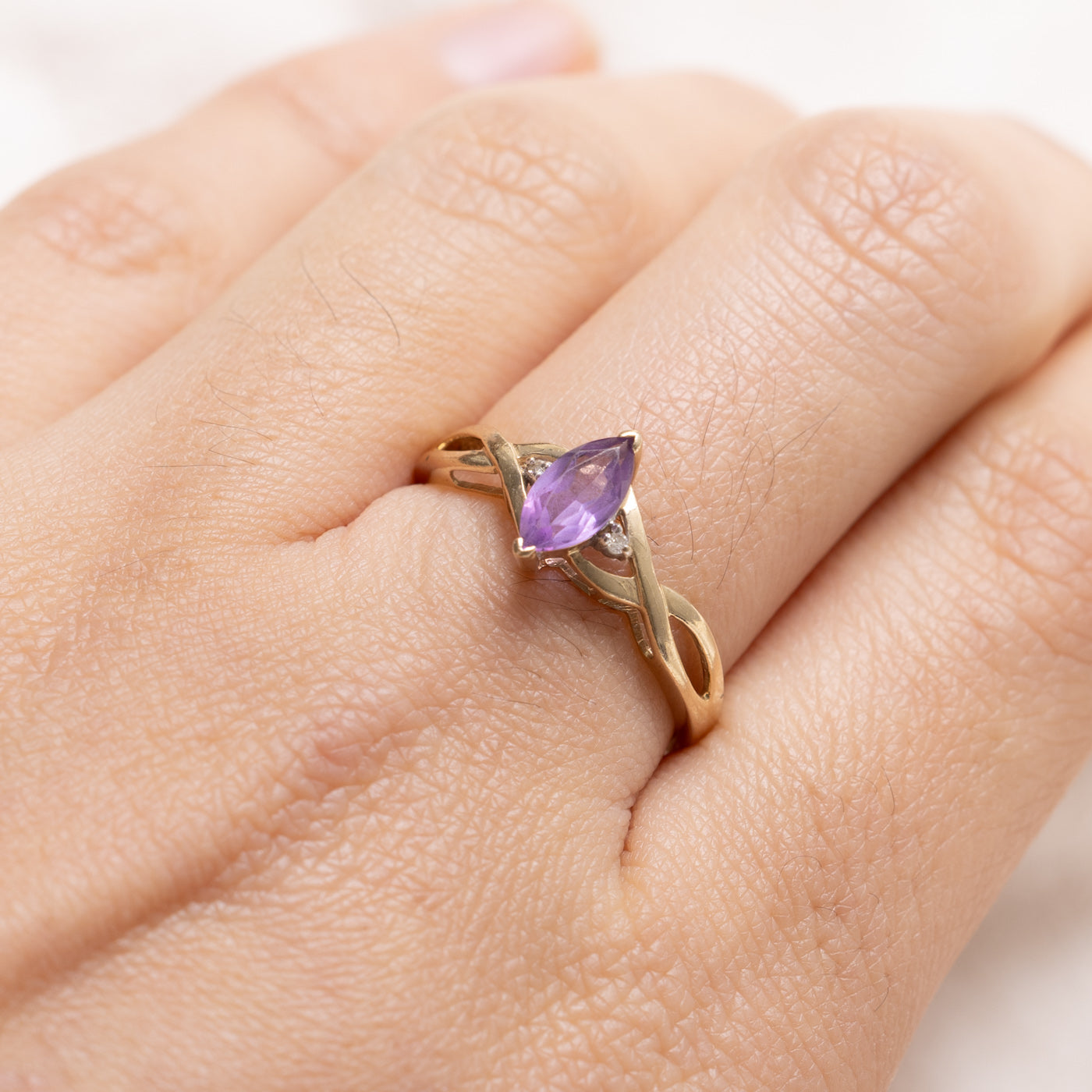 10K Marquise Cut Amethyst & Diamond Crossover Ring | SZ 6.75