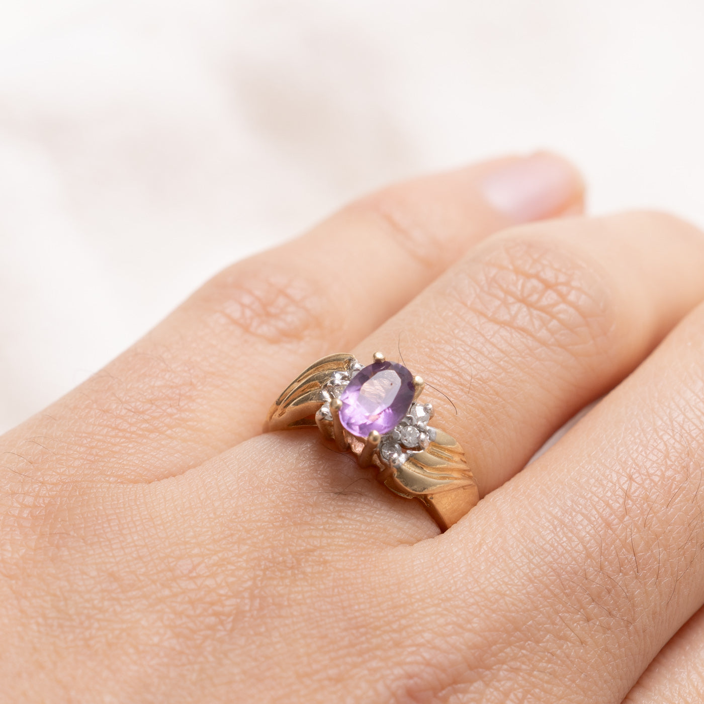 14K Amethyst & Diamond Accented Grooved Ring | SZ 6.0