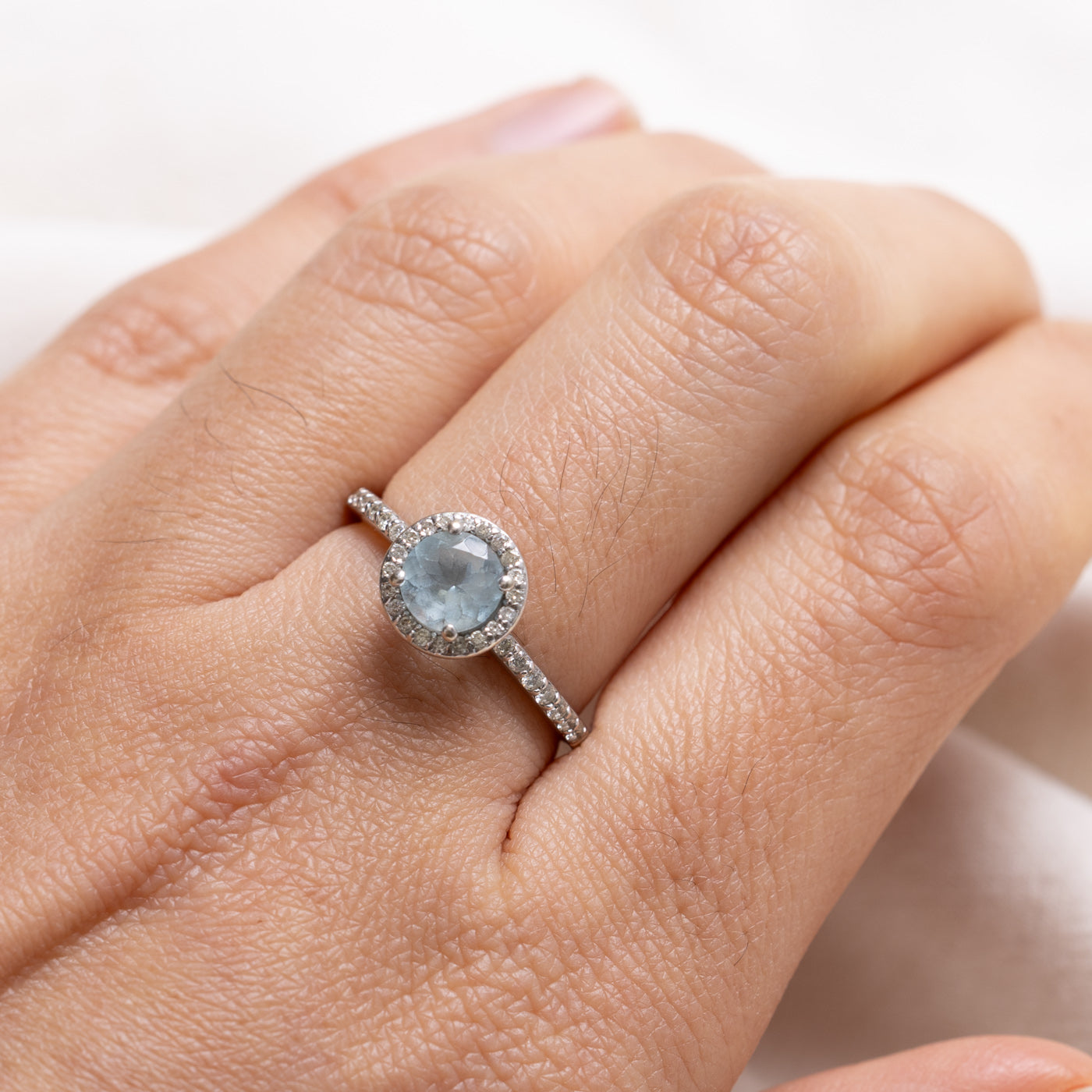 14K Round Cut Aquamarine & Diamond Halo Ring | 0.68ct, 0.12ctw | SZ 7.25