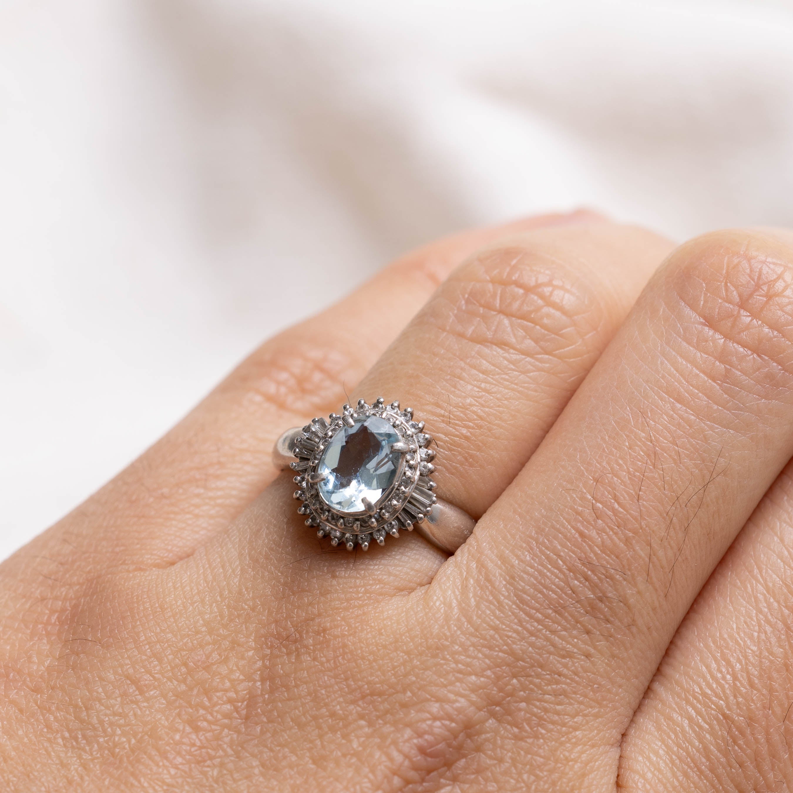 Platinum Aquamarine & Diamond Petal Halo Ring | 0.82ct, 0.15ctw | SZ 6.0