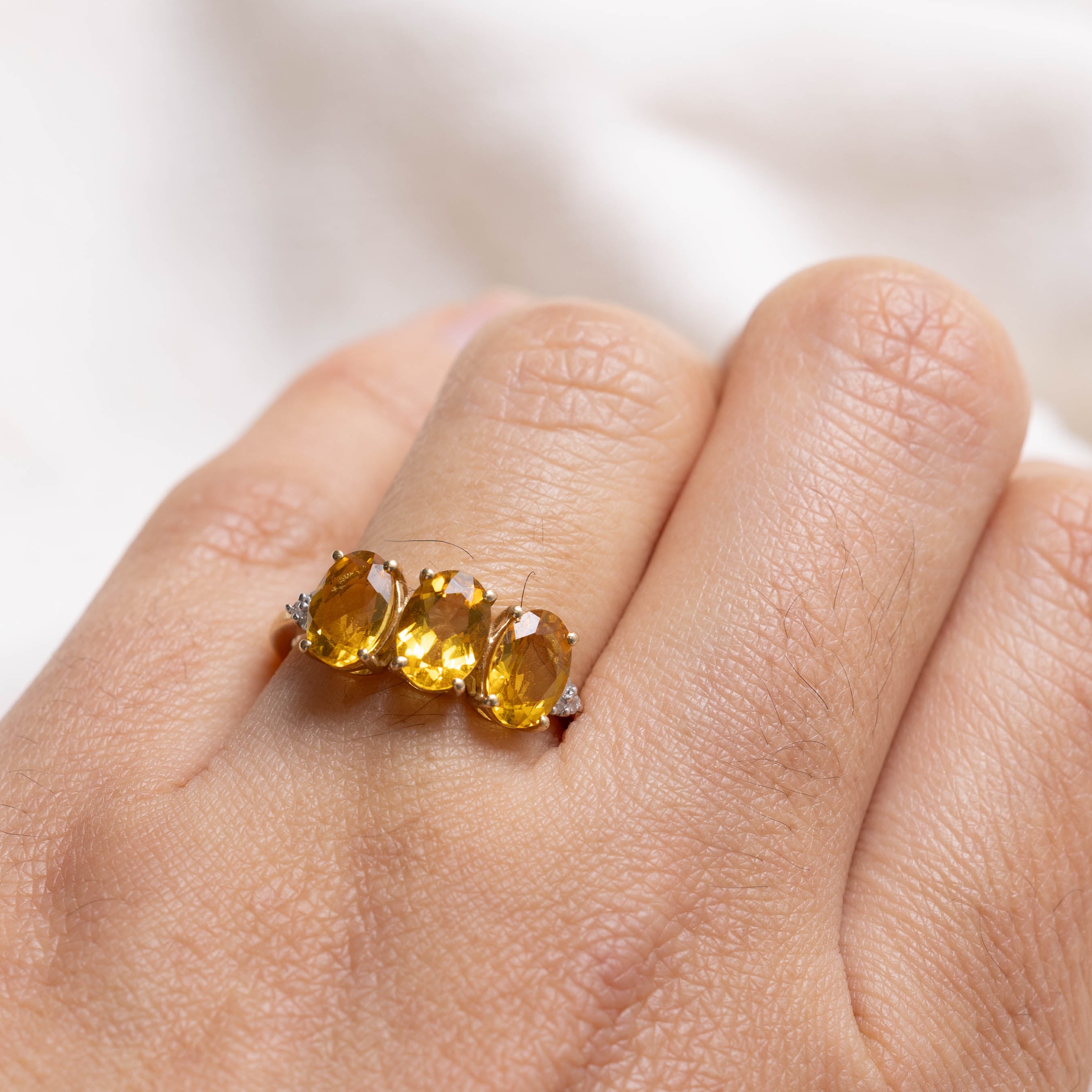 10K Three Stone Oval Cut Citrine & Diamond Ring | SZ 6.25