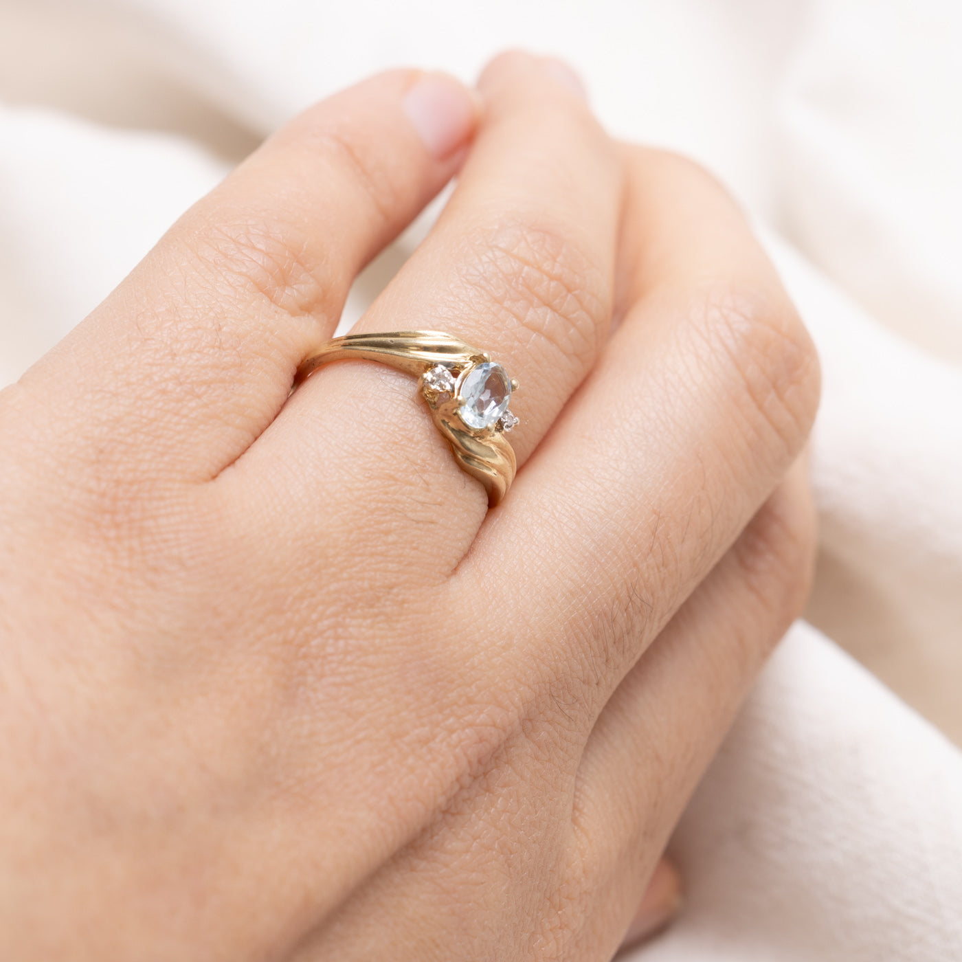 10K Aquamarine & Diamond Grooved Bypass Ring | SZ 6.0