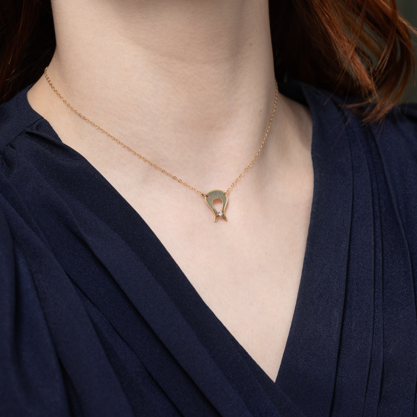 14K Diamond Horseshoe Pendant Necklace | 14"