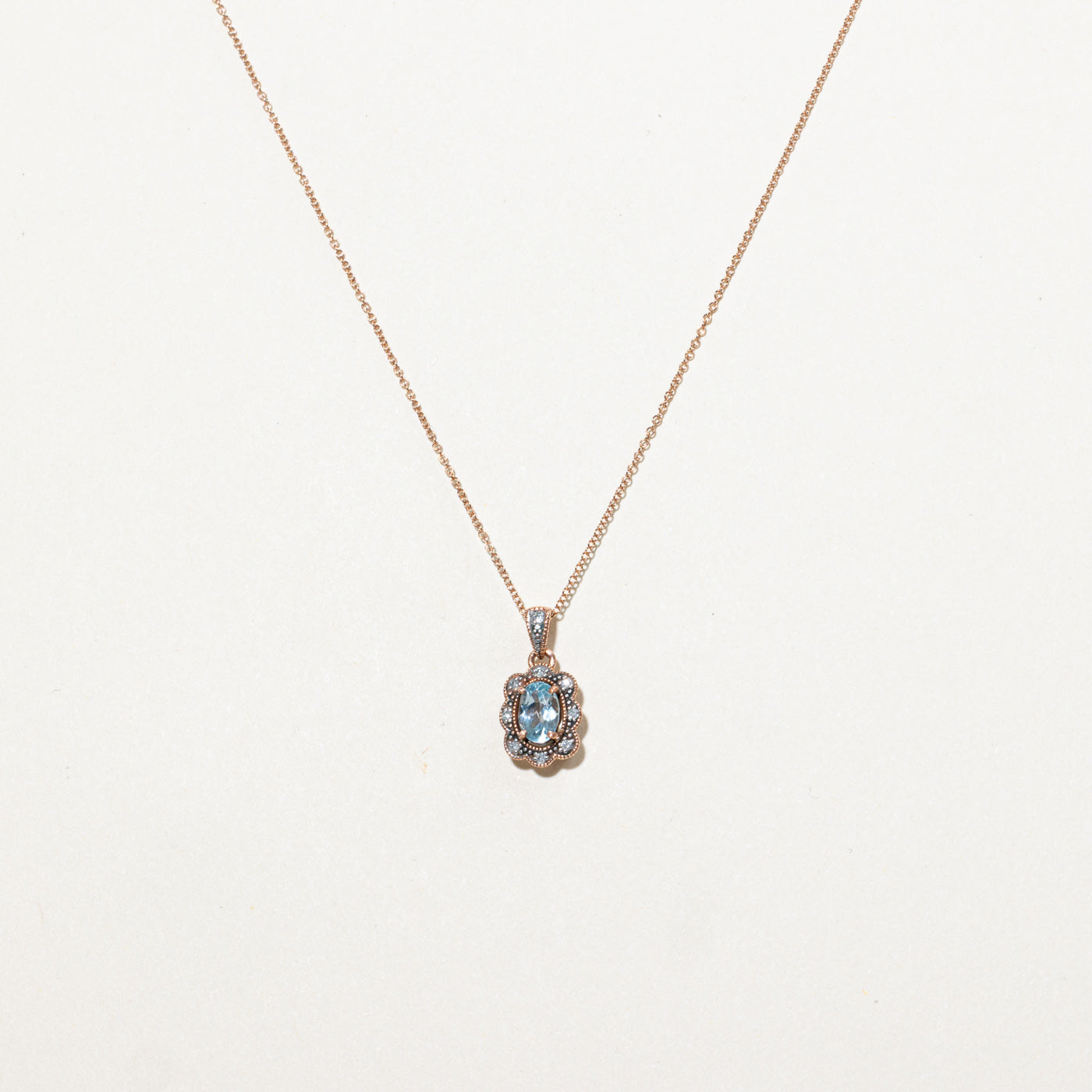 10K Oval Cut Topaz & Diamond Floral Pendant Necklace | 18"