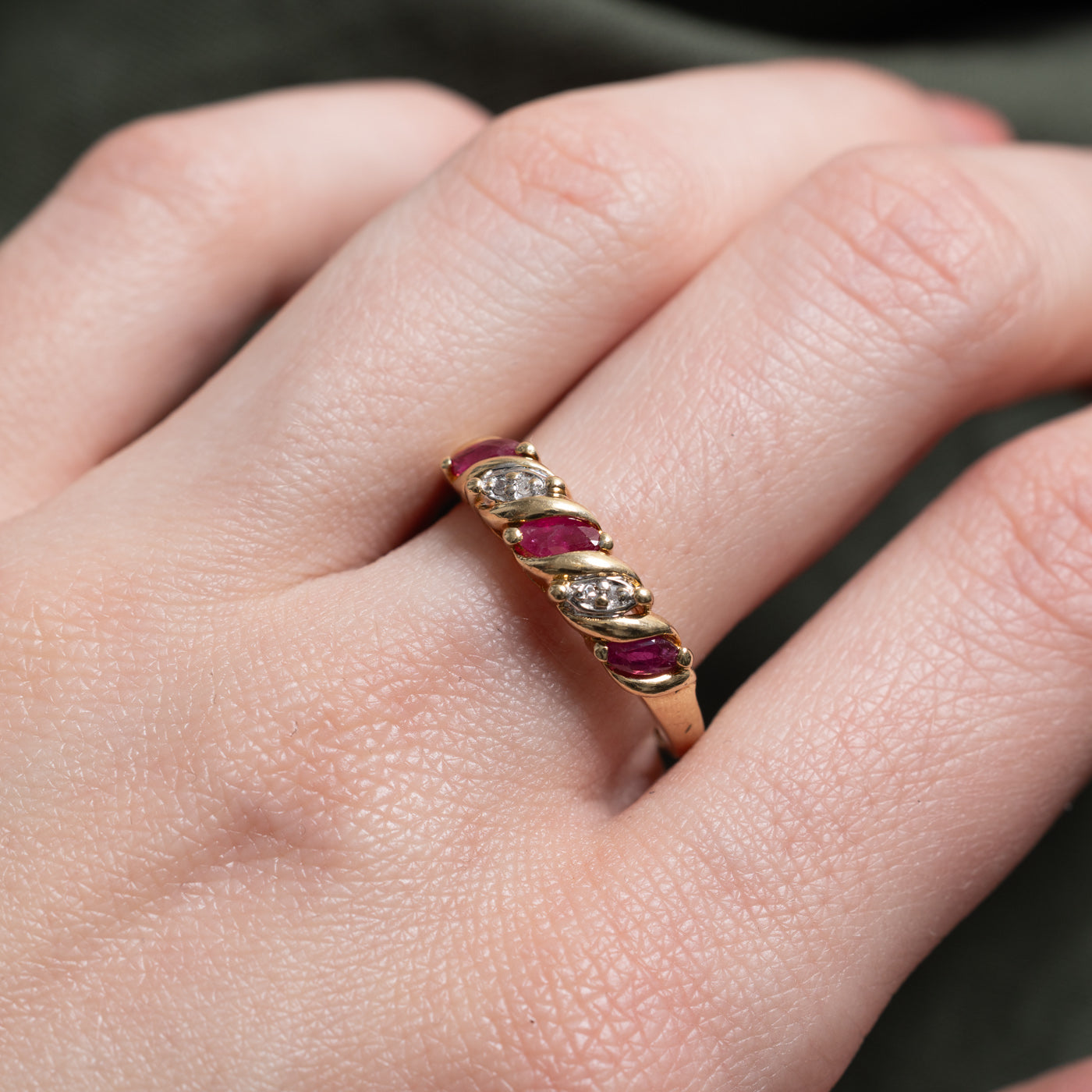 10k Three Stone Marquise Cut Ruby & Diamond Band | SZ 8.75