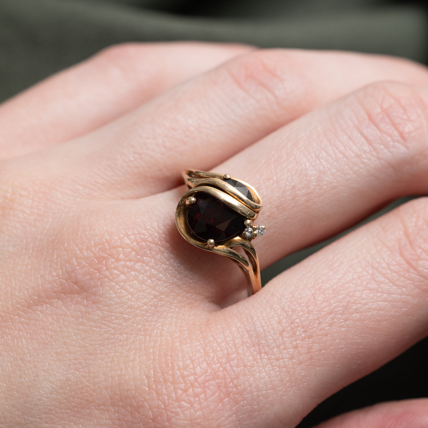 10k Wrapped Oval Cut Garnet & Diamond Accented Ring | SZ 9.5