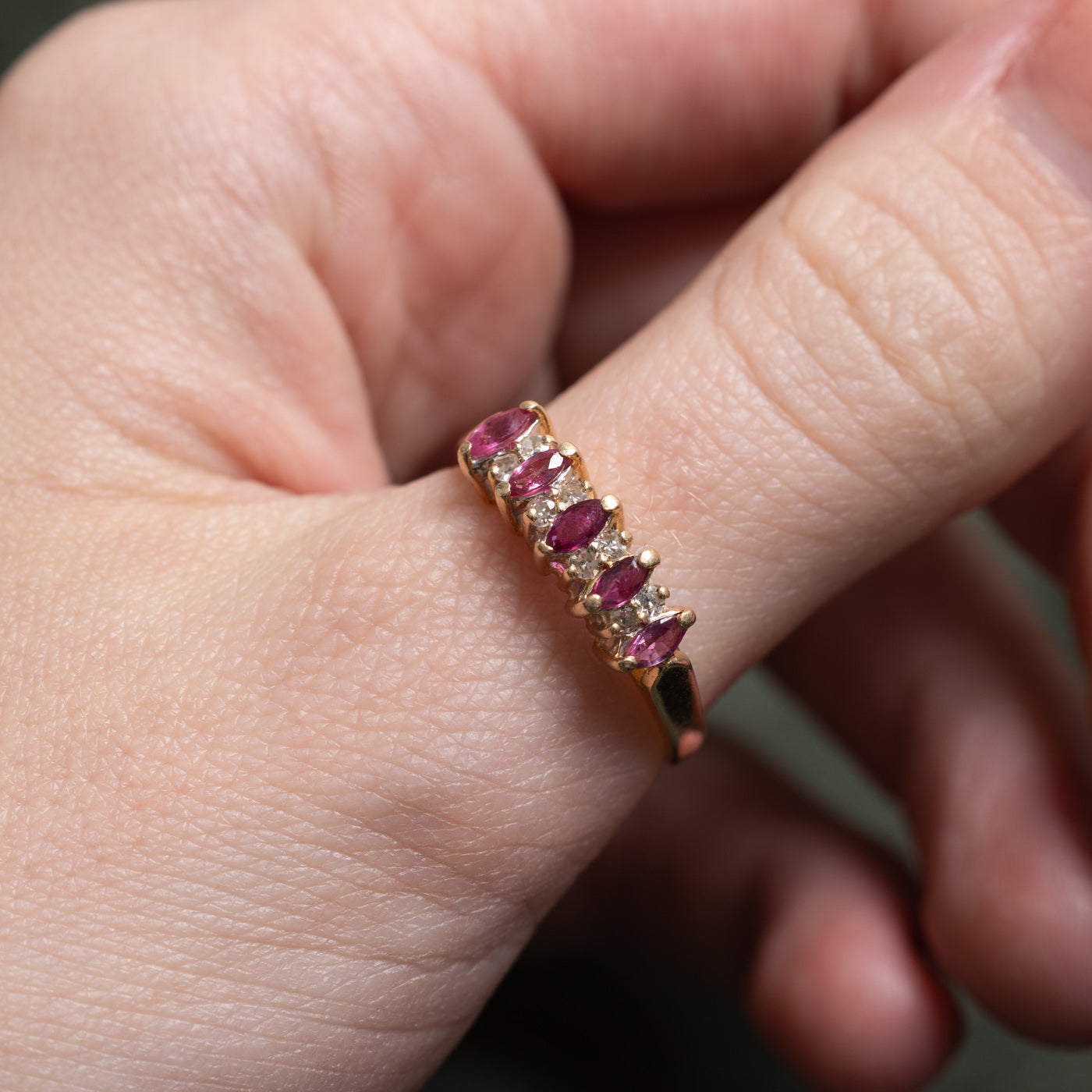 14k Five Stone Marquise Cut Ruby & Diamond Band | SZ 8.25