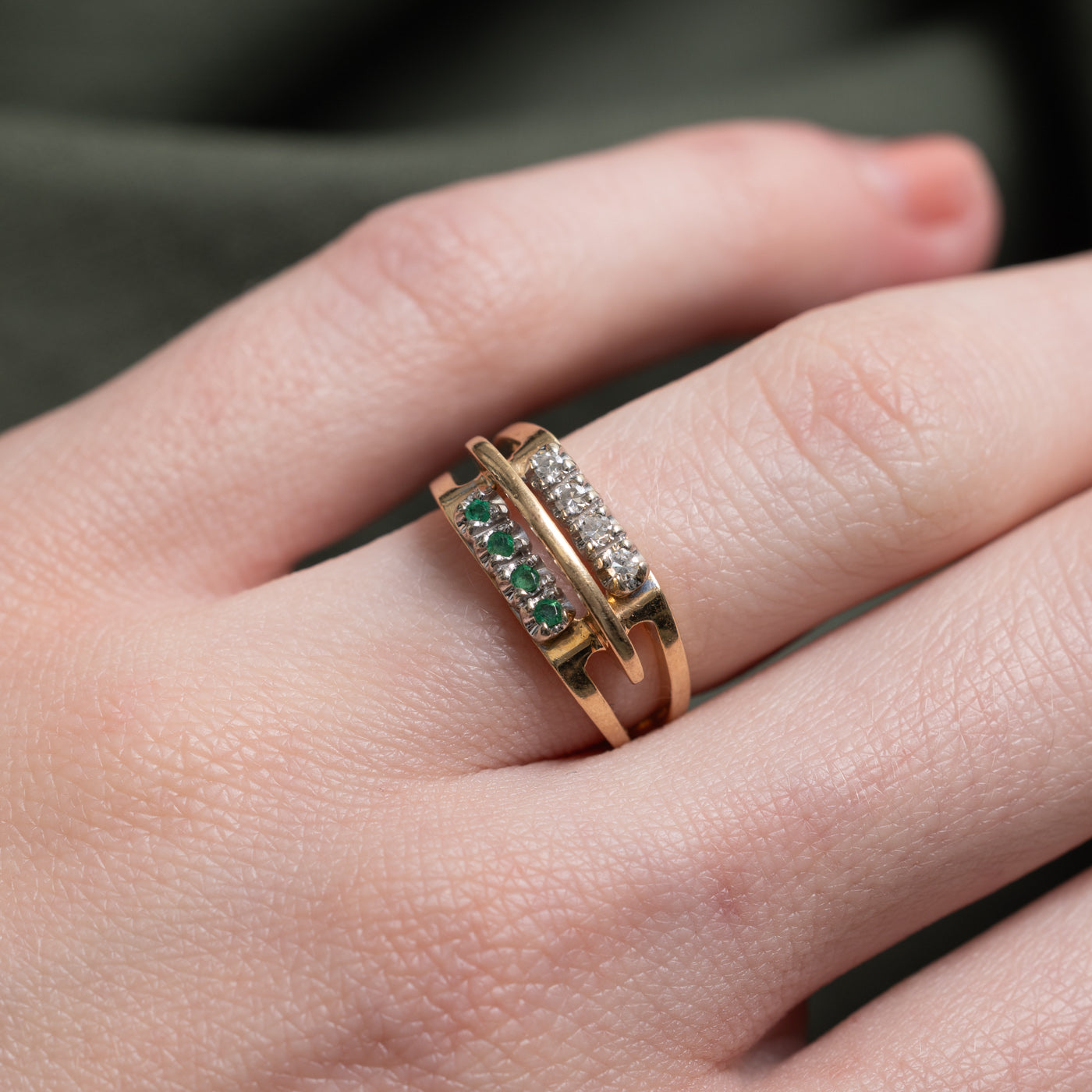 14k Emerald & Diamond Double Row Ring | SZ 4.5