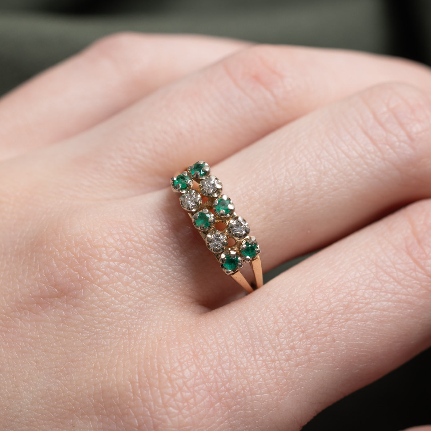 14k Emerald & Diamond Double Row Ring | SZ 7.75