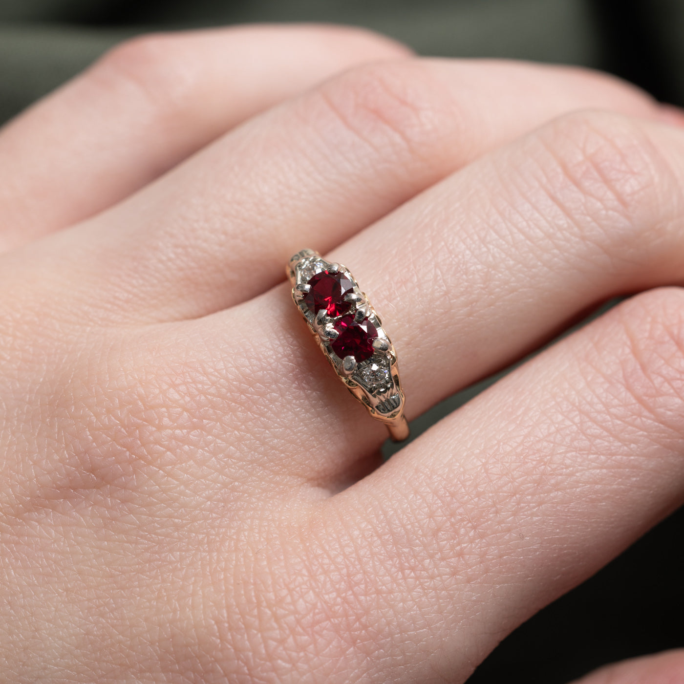 14k Two Stone Synthetic Ruby & Diamond Engraved Ring | SZ 6.25