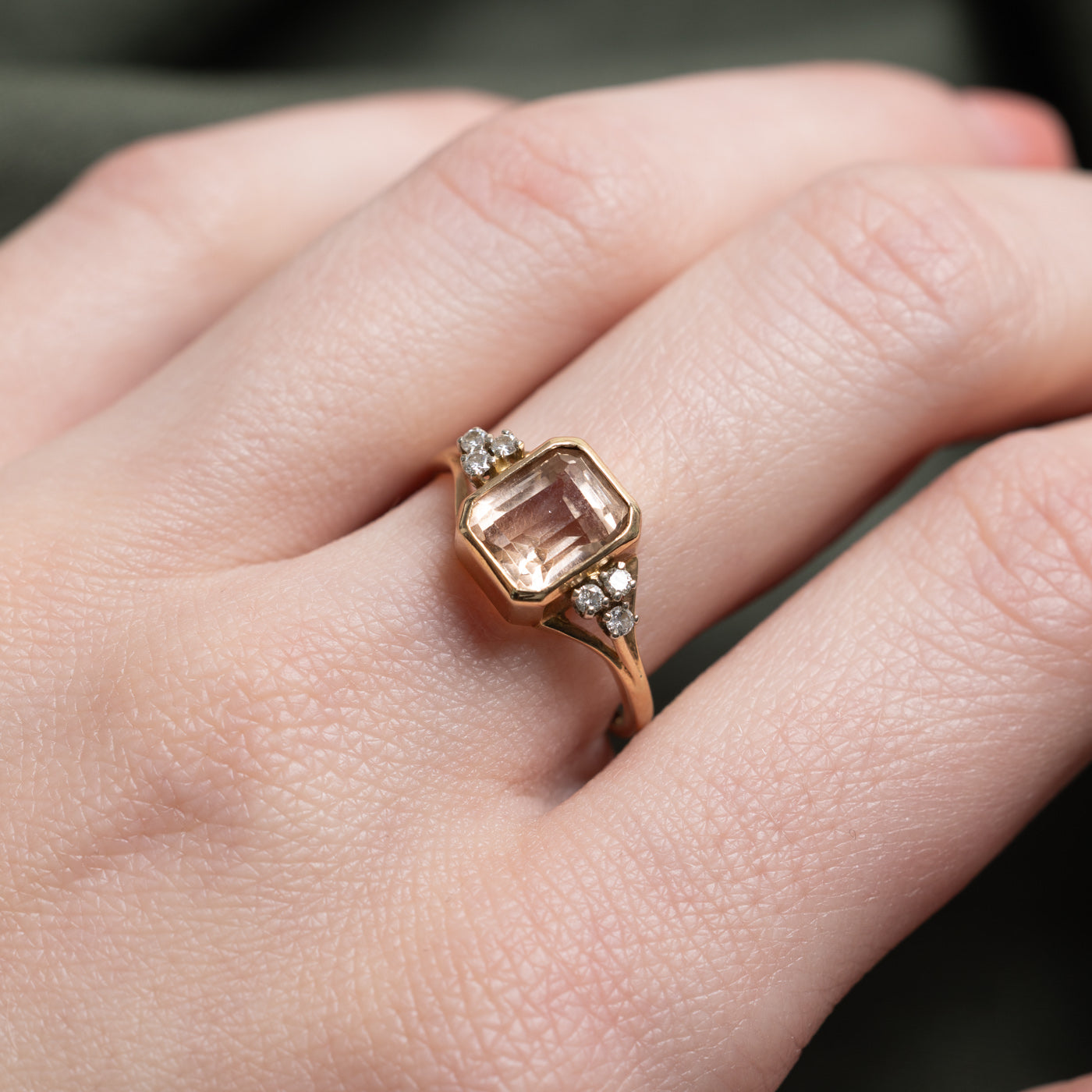 14k Bezel Set Emerald Cut Pink Topaz & Diamond Accented Ring | SZ 7.0