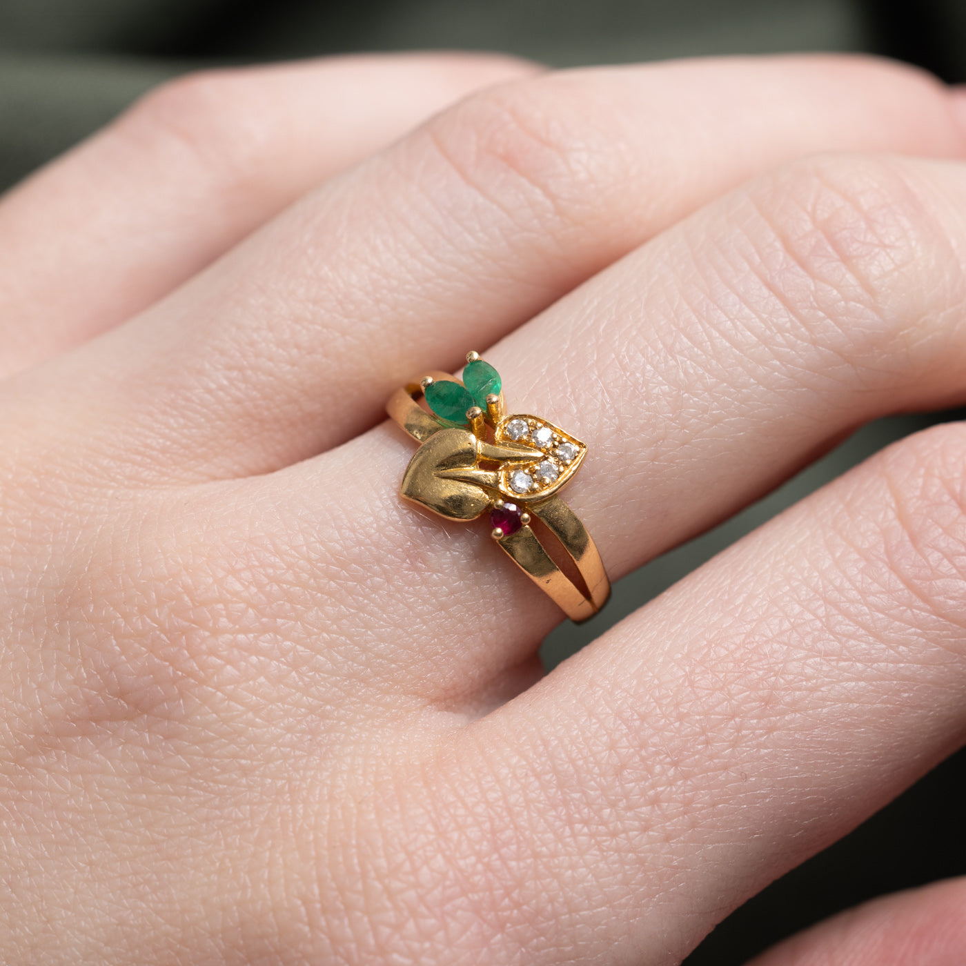 French Multi Gemstone Floral Leaf Ring | SZ 6.0