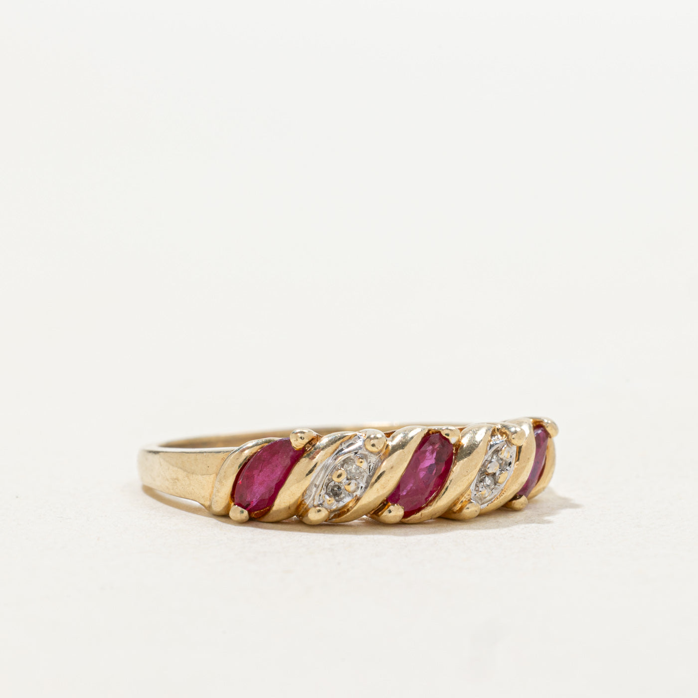 10k Three Stone Marquise Cut Ruby & Diamond Band | SZ 8.75