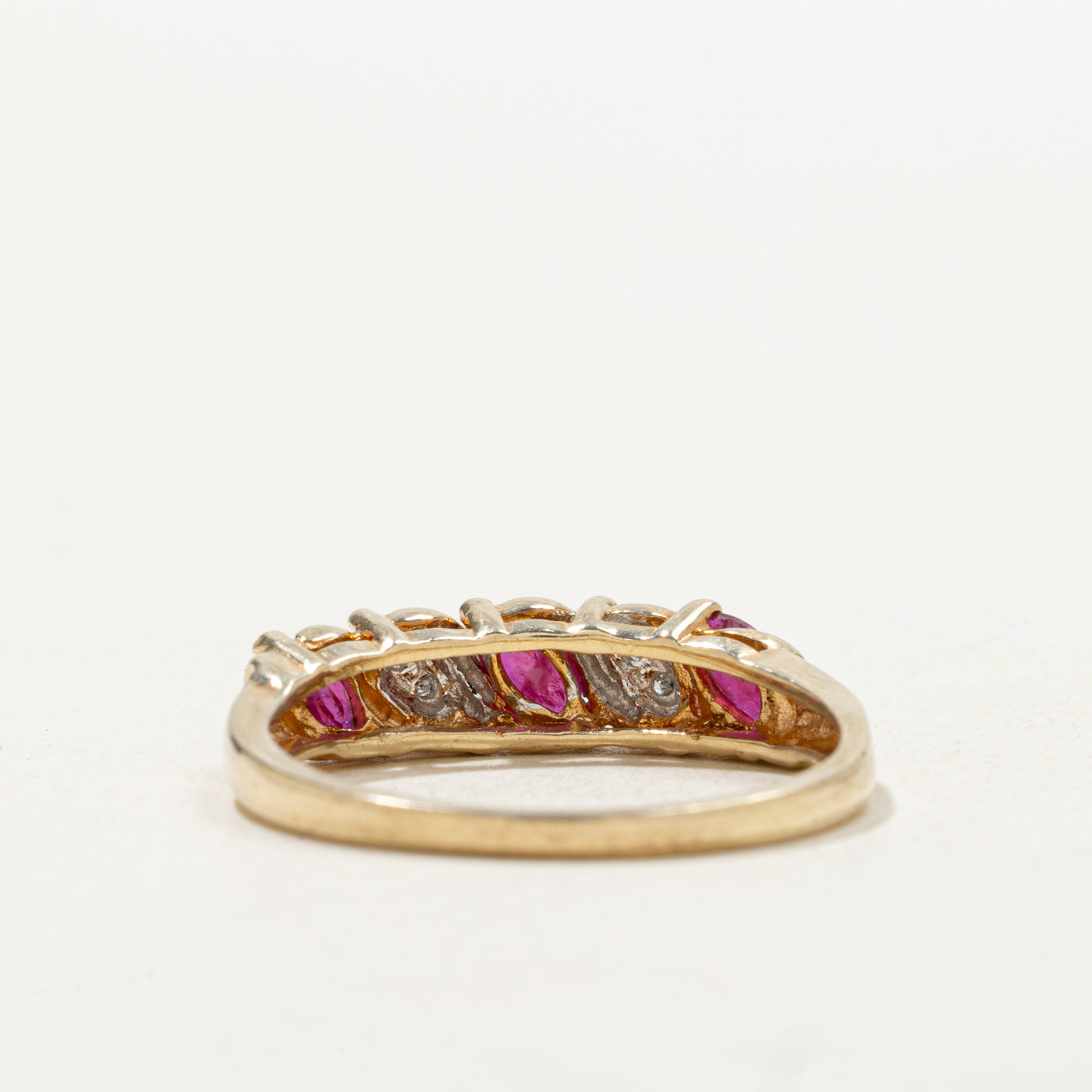 10k Three Stone Marquise Cut Ruby & Diamond Band | SZ 8.75