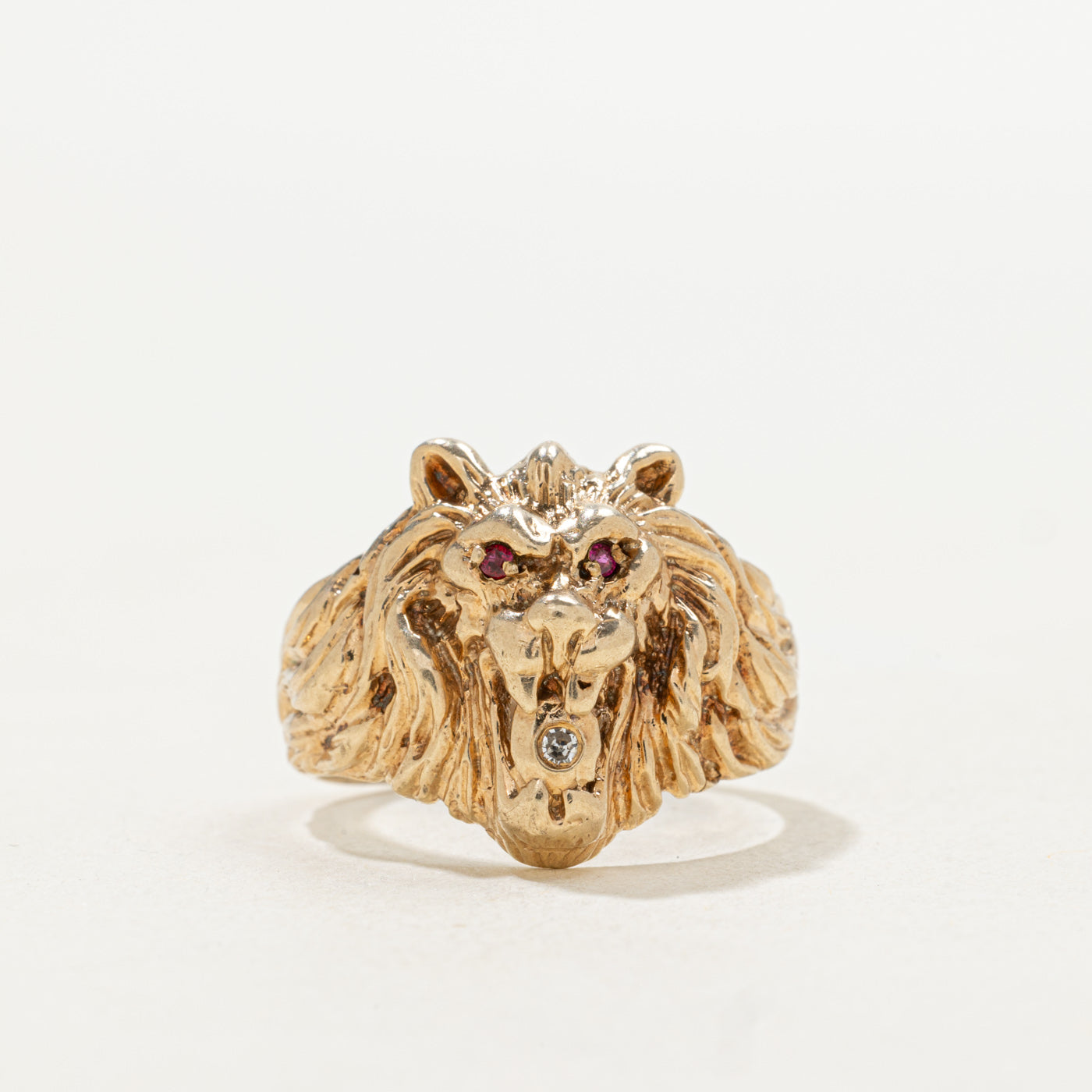 10k Ruby & Diamond Textured Lion Head Ring | SZ 7.0