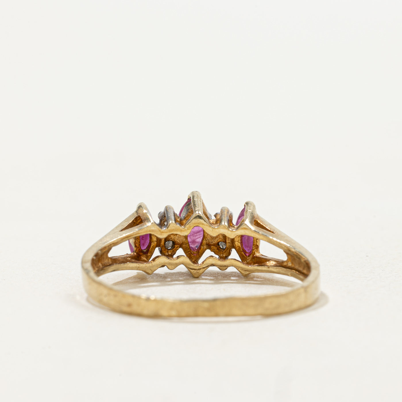 10k Three Stone Marquise Cut Ruby & Diamond Accented Ring | SZ 8.25