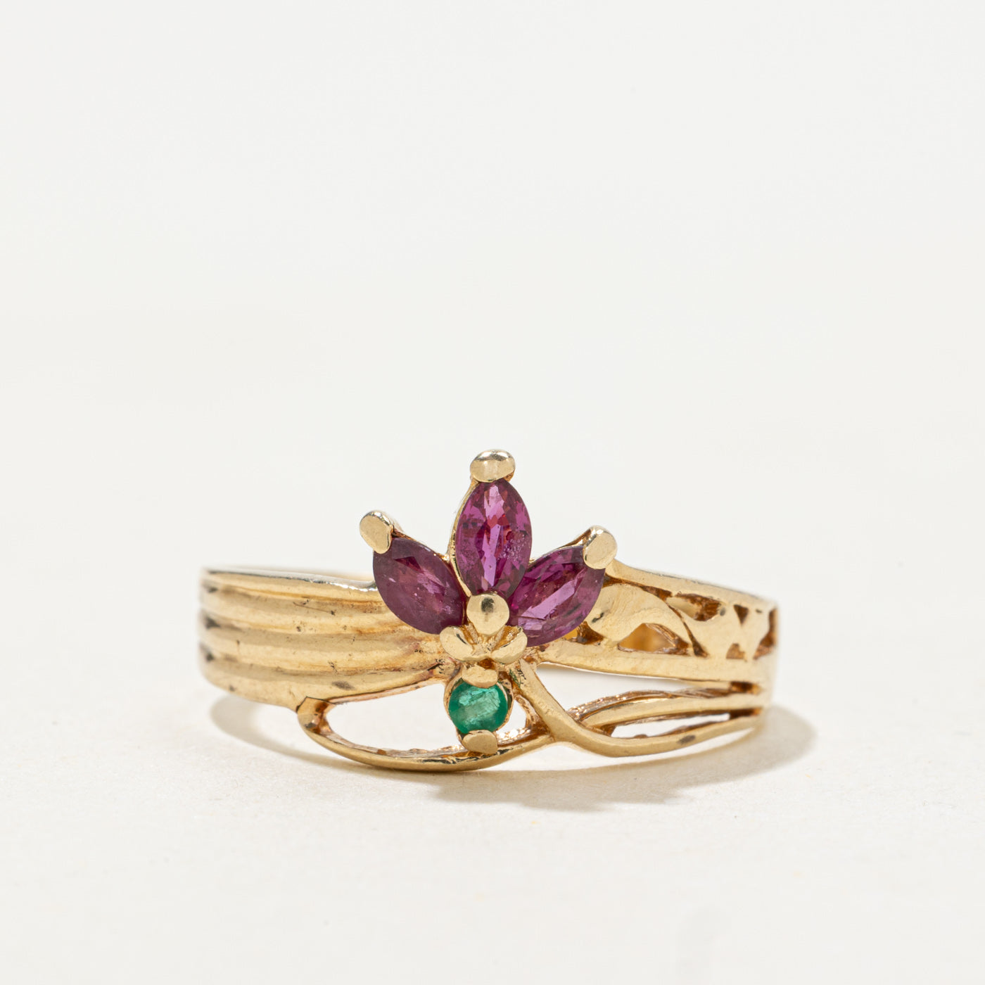 14k Marquise Cut Ruby & Emerald Floral Ring | SZ 6.5
