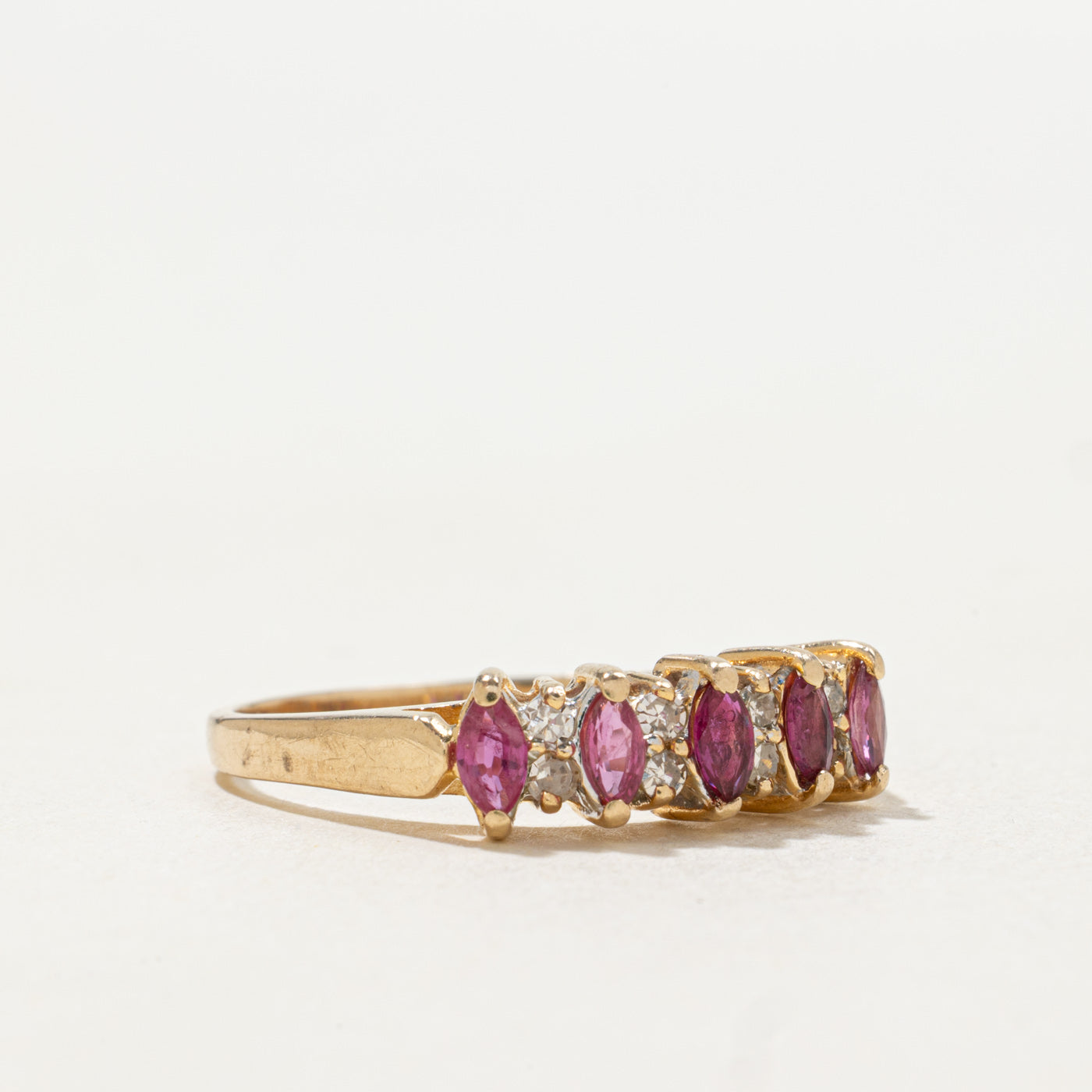14k Five Stone Marquise Cut Ruby & Diamond Band | SZ 8.25