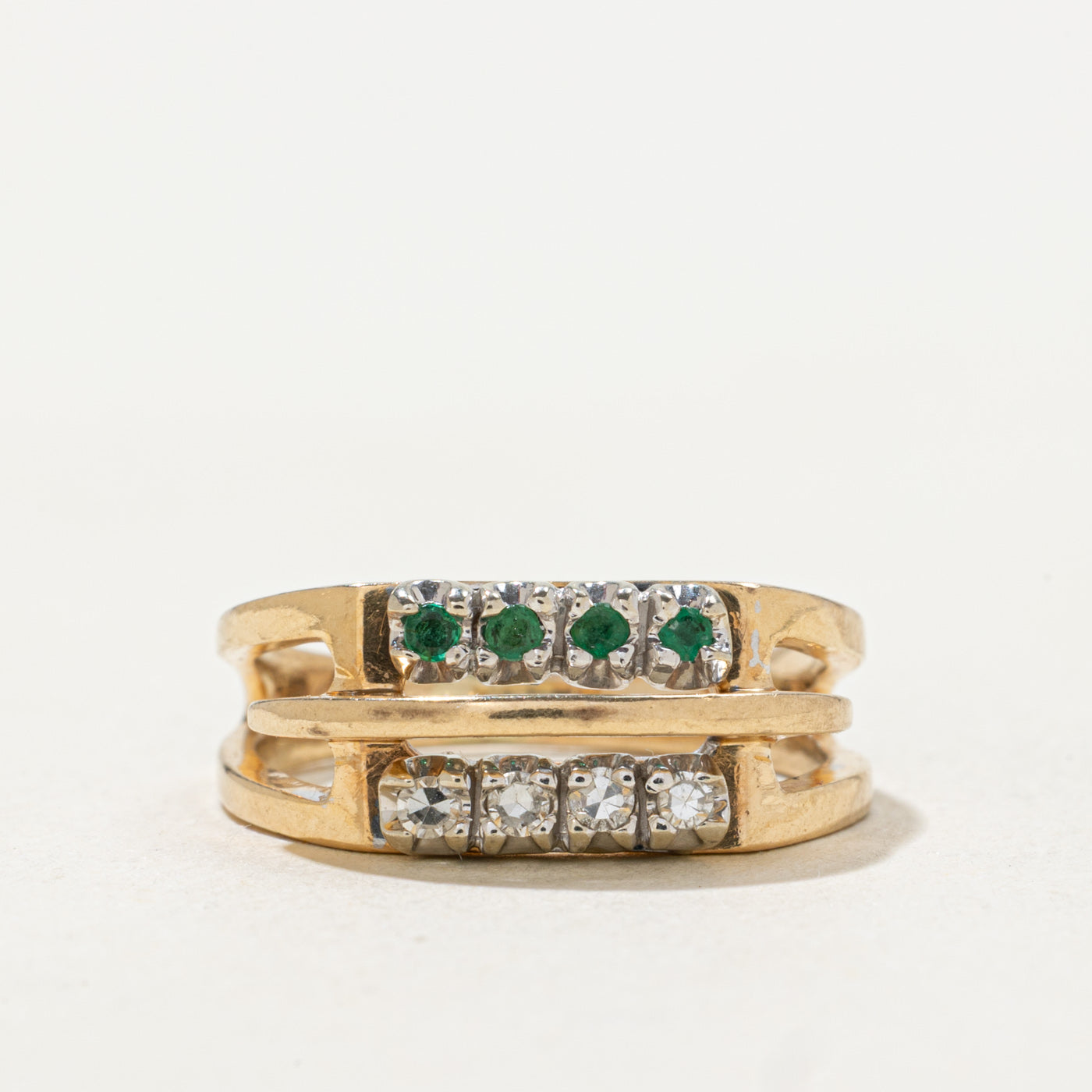 14k Emerald & Diamond Double Row Ring | SZ 4.5