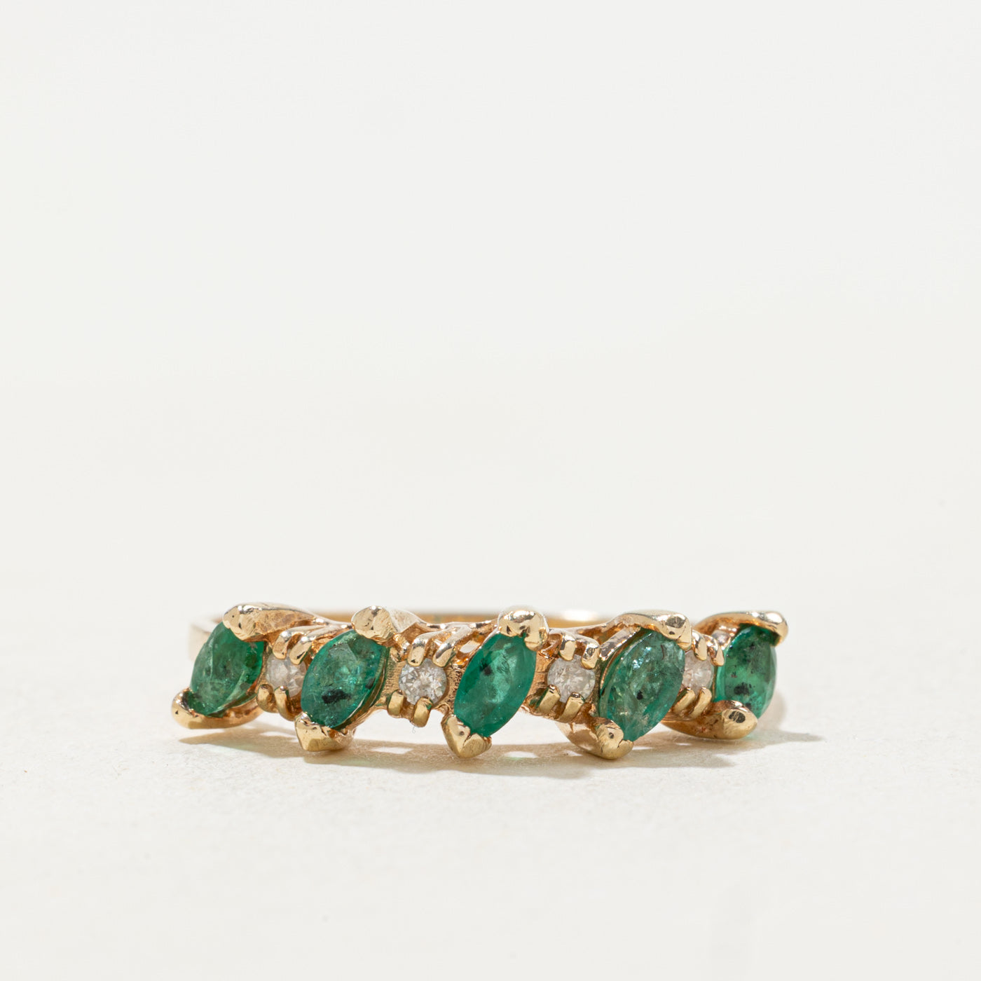14k Semi Eternity Marquise Cut Emerald & Diamond Ring | SZ 7.25