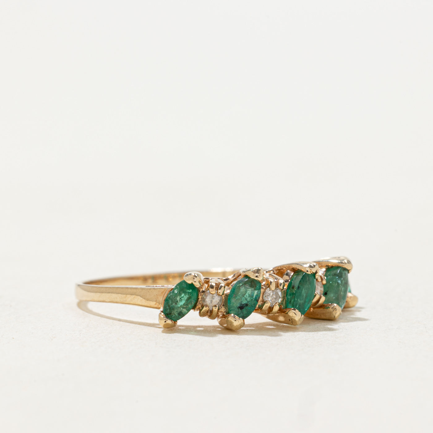 14k Semi Eternity Marquise Cut Emerald & Diamond Ring | SZ 7.25