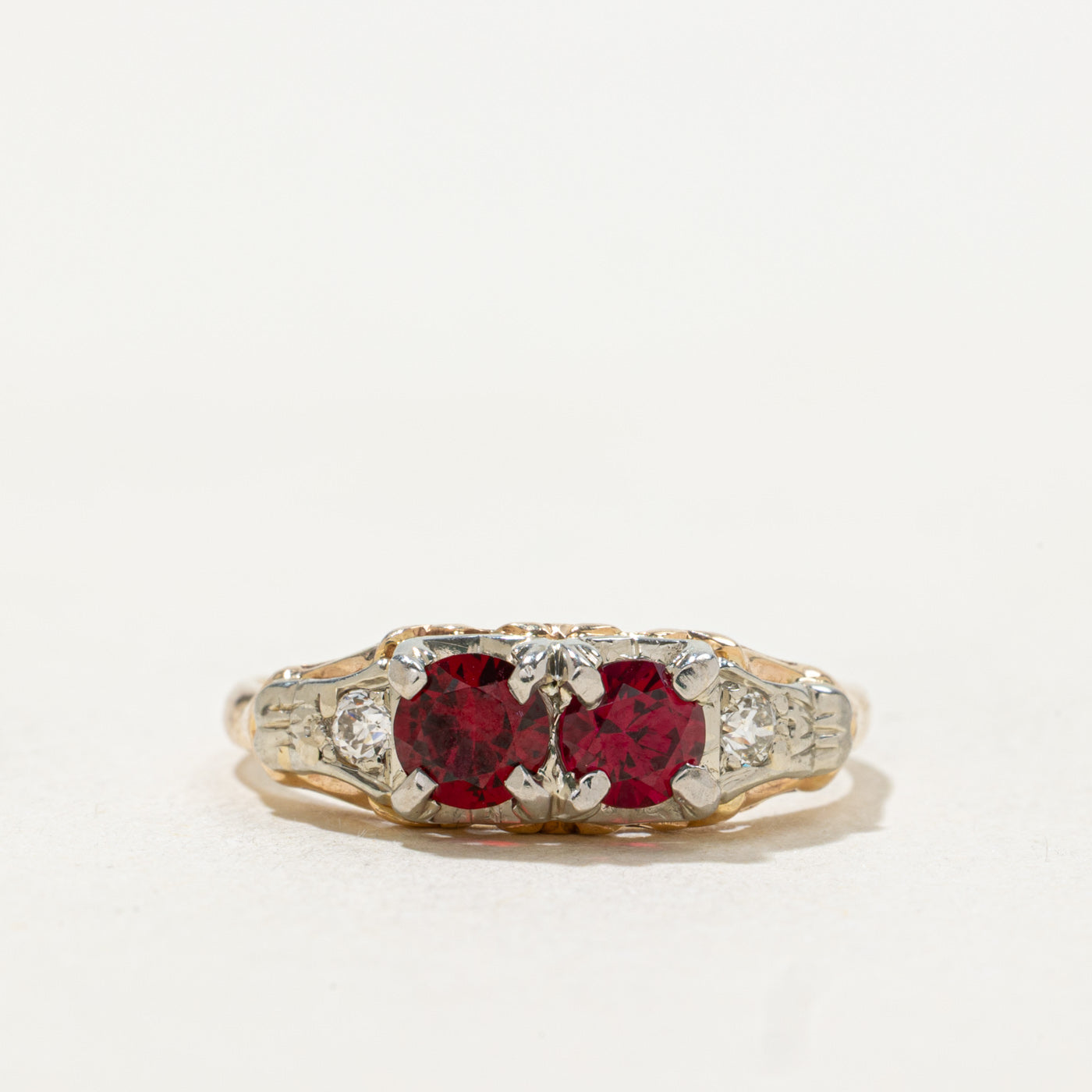 14k Two Stone Synthetic Ruby & Diamond Engraved Ring | SZ 6.25