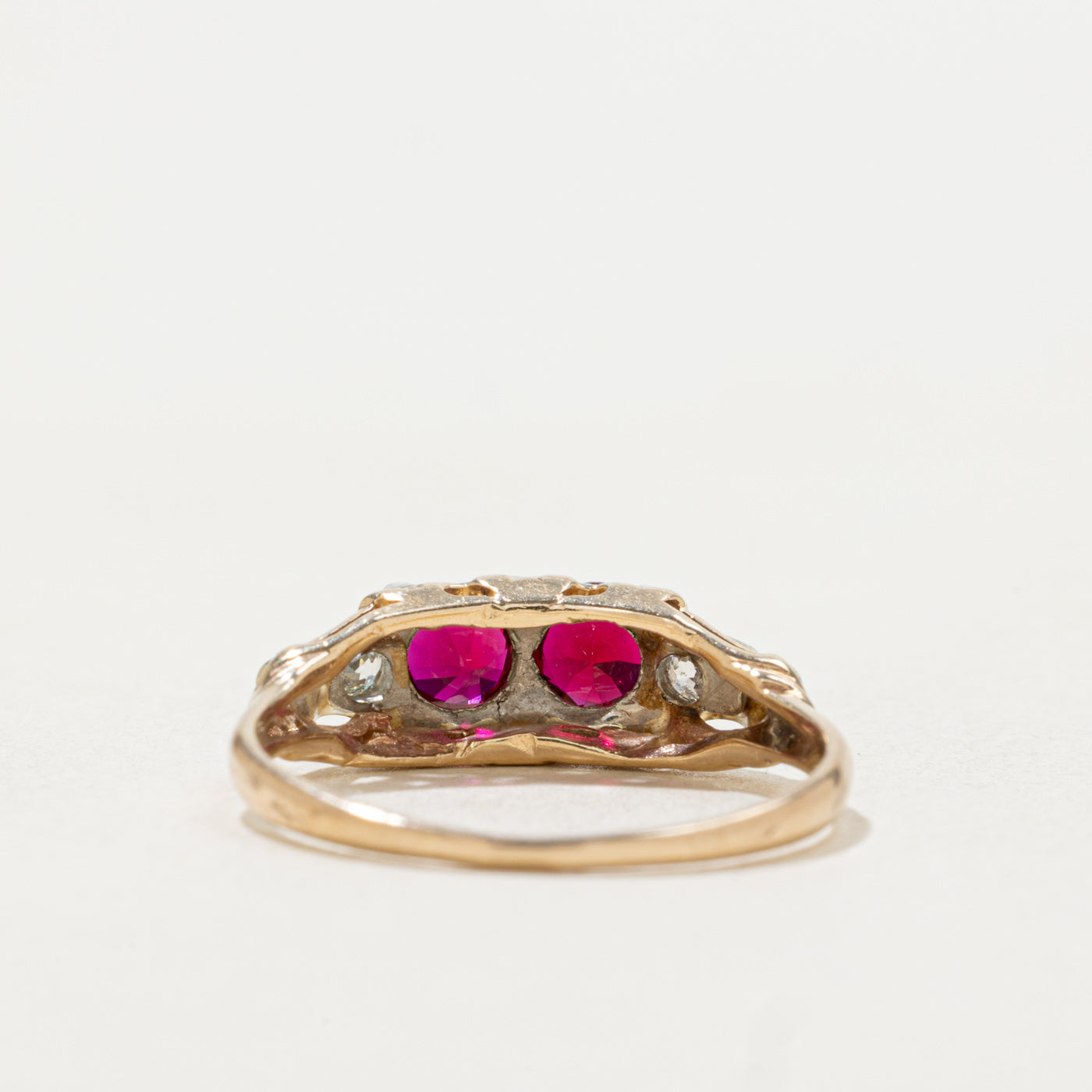 14k Two Stone Synthetic Ruby & Diamond Engraved Ring | SZ 6.25
