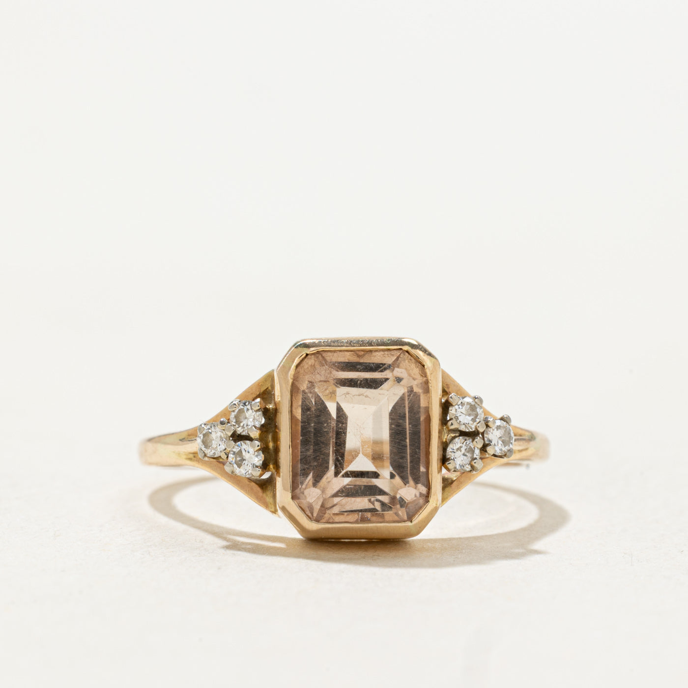 14k Bezel Set Emerald Cut Pink Topaz & Diamond Accented Ring | SZ 7.0