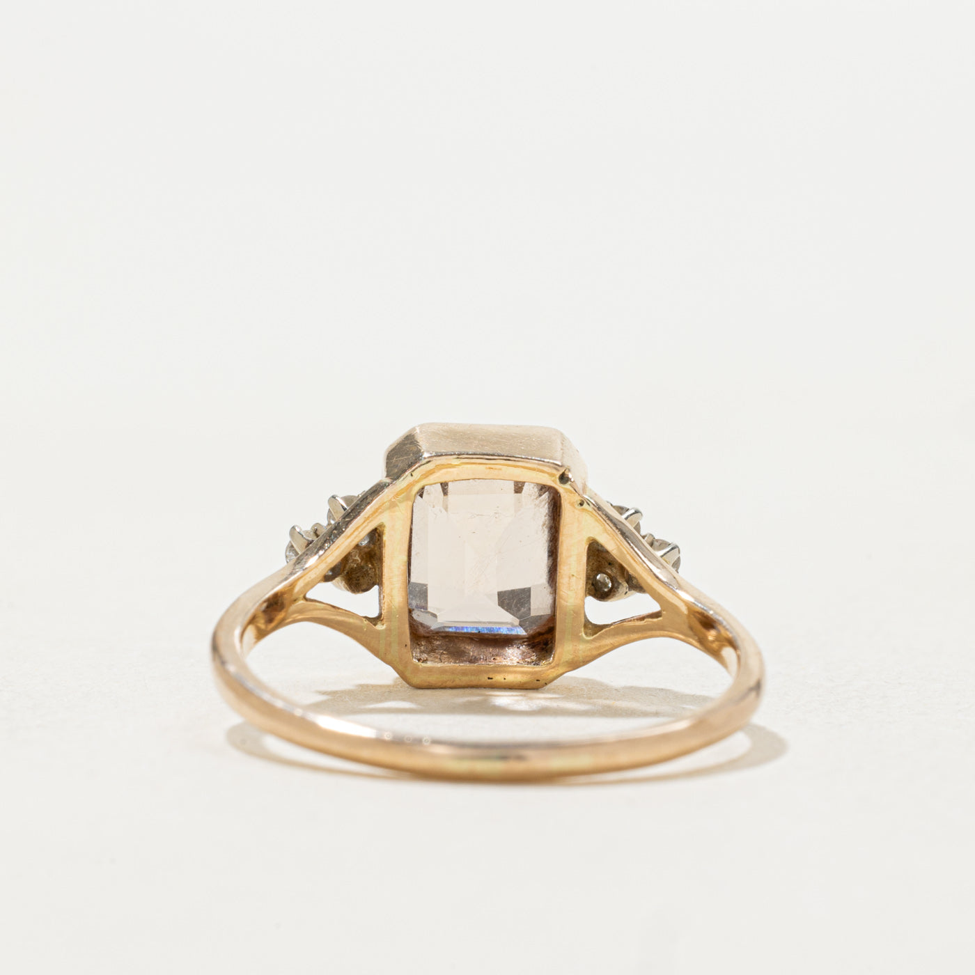 14k Bezel Set Emerald Cut Pink Topaz & Diamond Accented Ring | SZ 7.0