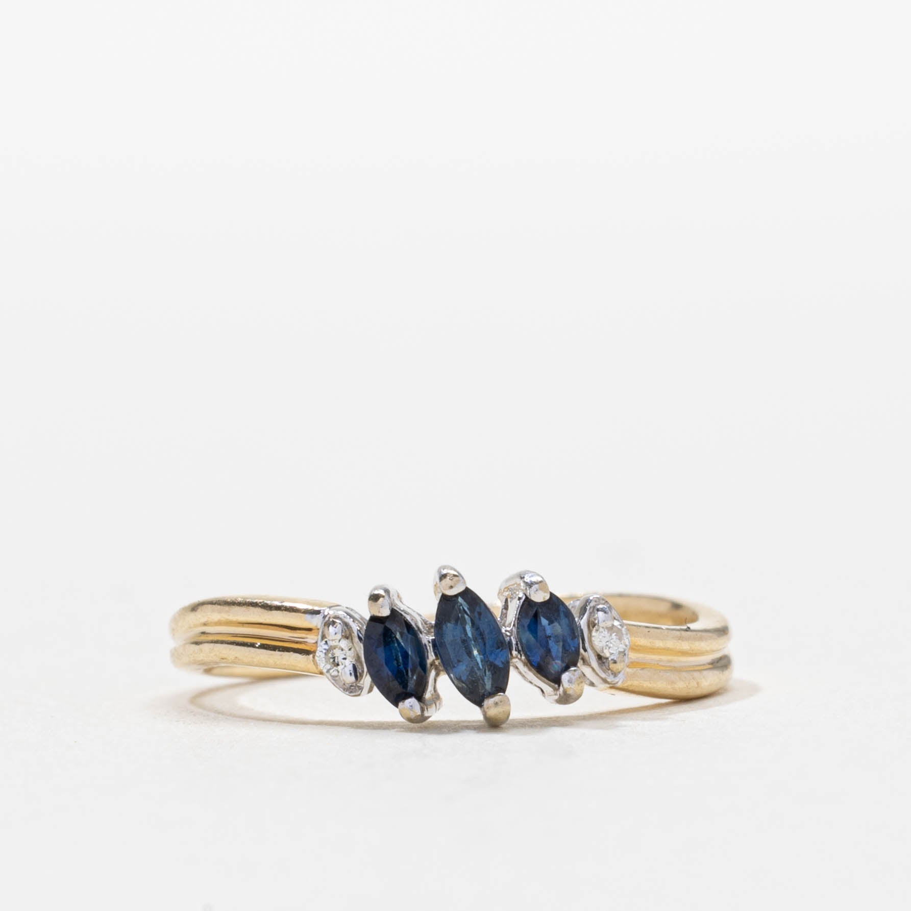 10k Three Stone Sapphire & Diamond Accented Grooved Ring | SZ 5
