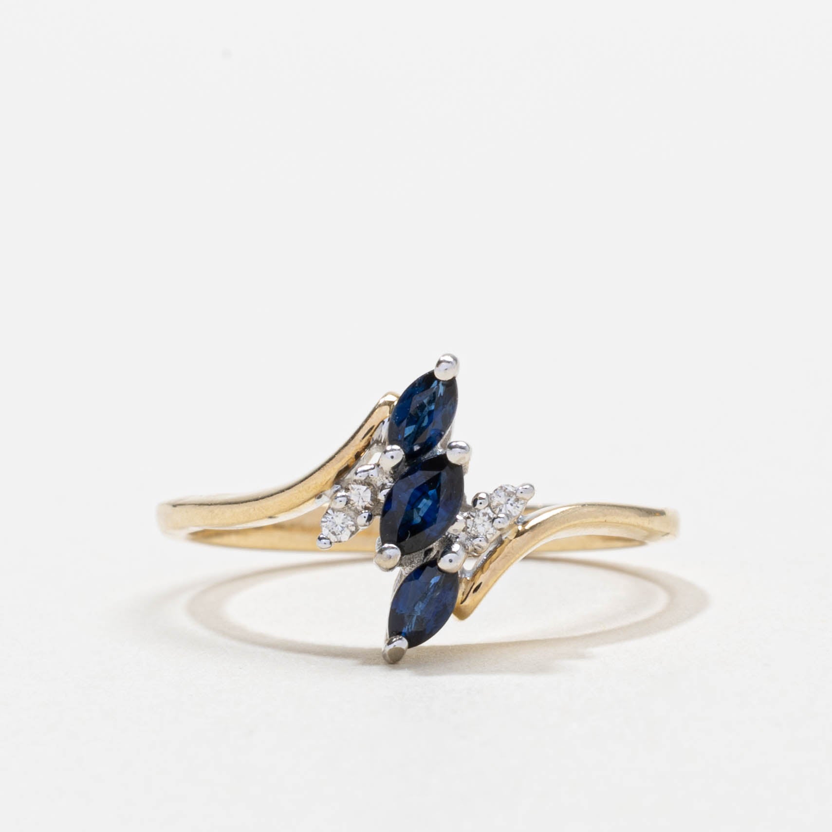 10k Three Stone Sapphire & Diamond Bypass Ring | SZ 7