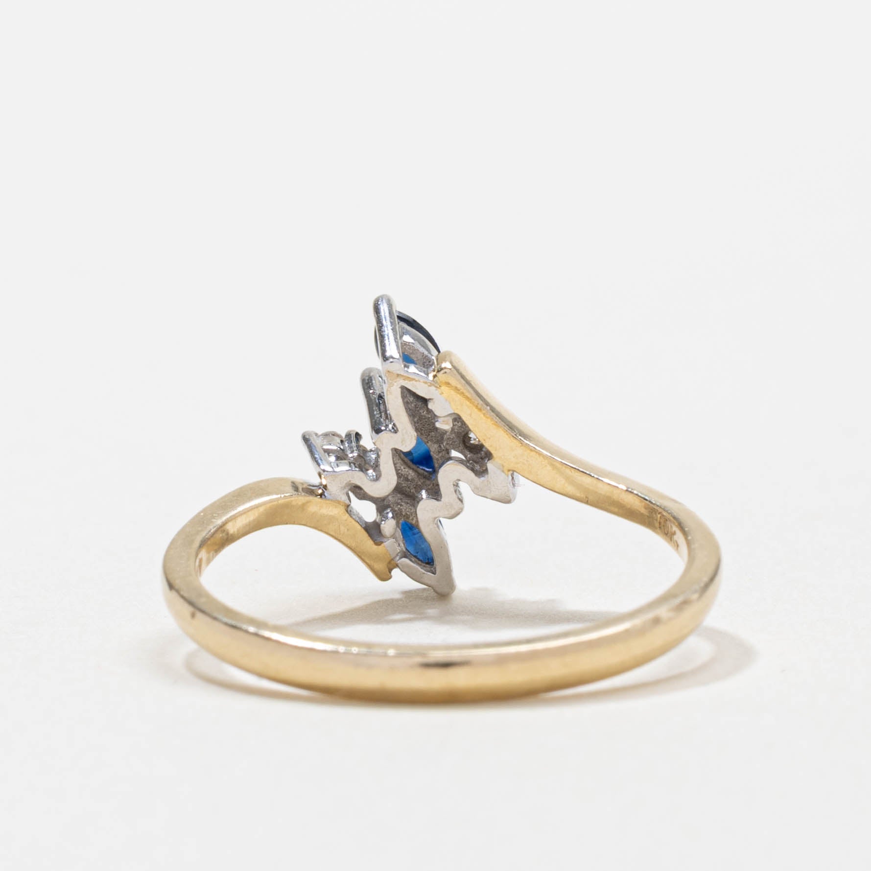 10k Three Stone Sapphire & Diamond Bypass Ring | SZ 7