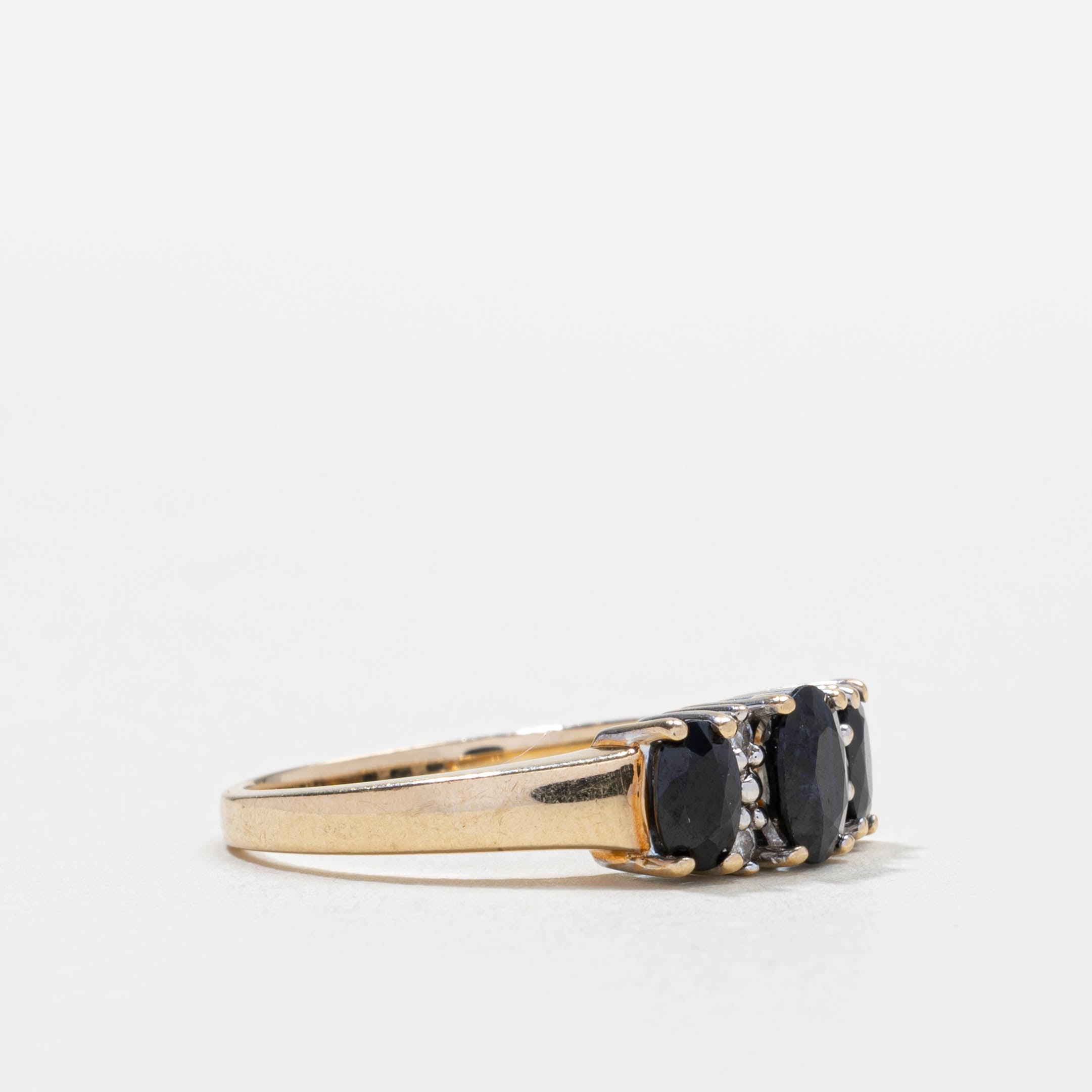 10k Three Stone Sapphire & Diamond Accented Ring | SZ 6.25