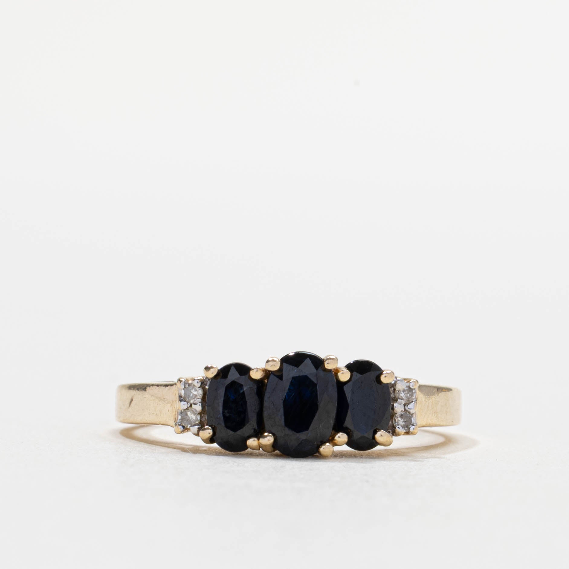 10k Three Stone Sapphire & Diamond Accented Ring | SZ 7