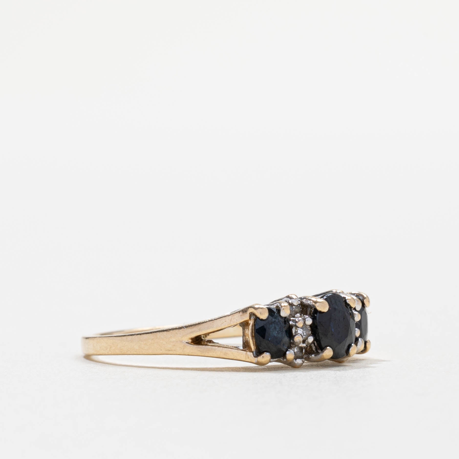 10k Three Stone Sapphire & Diamond Accented Ring | SZ 6.75