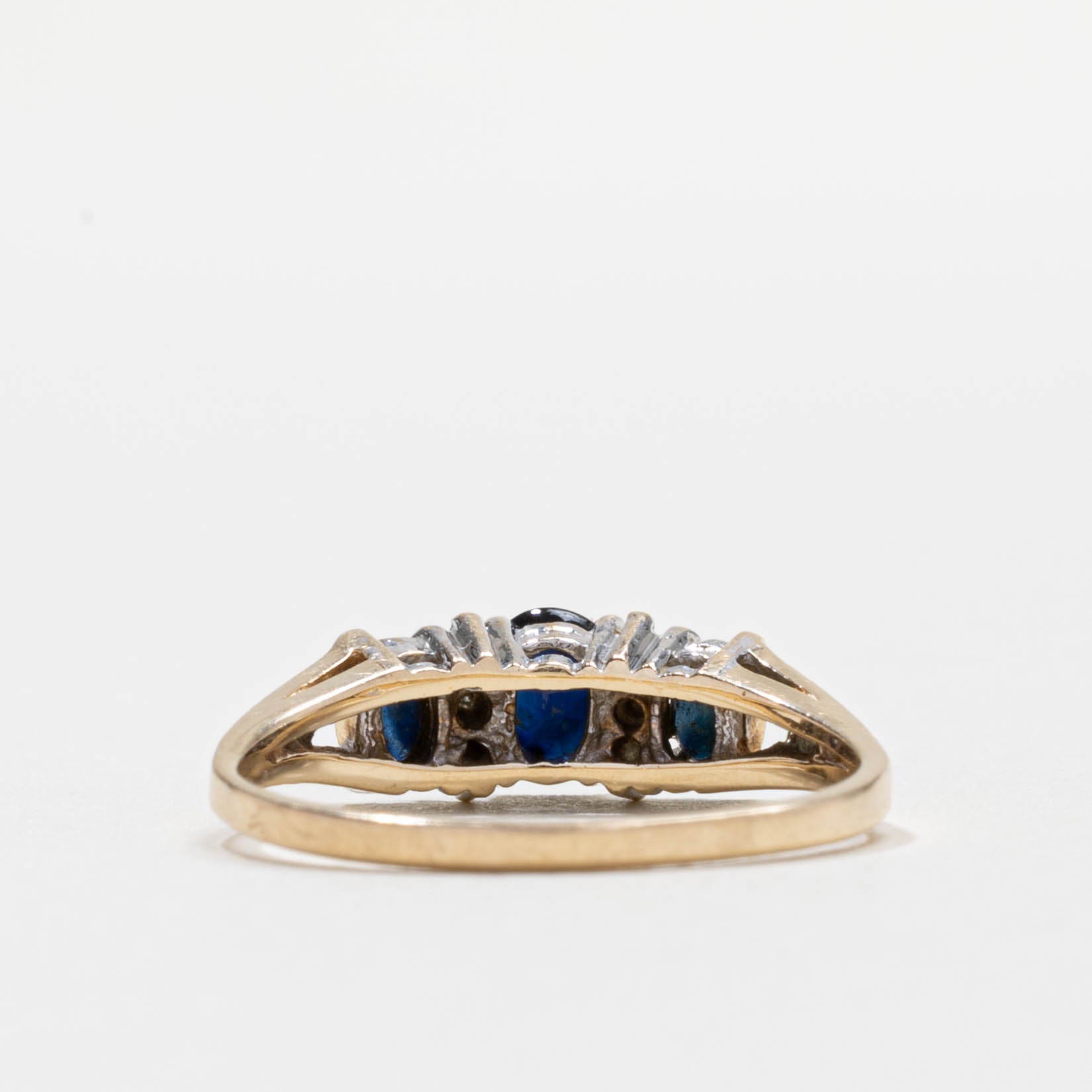 10k Three Stone Sapphire & Diamond Accented Ring | SZ 6.75