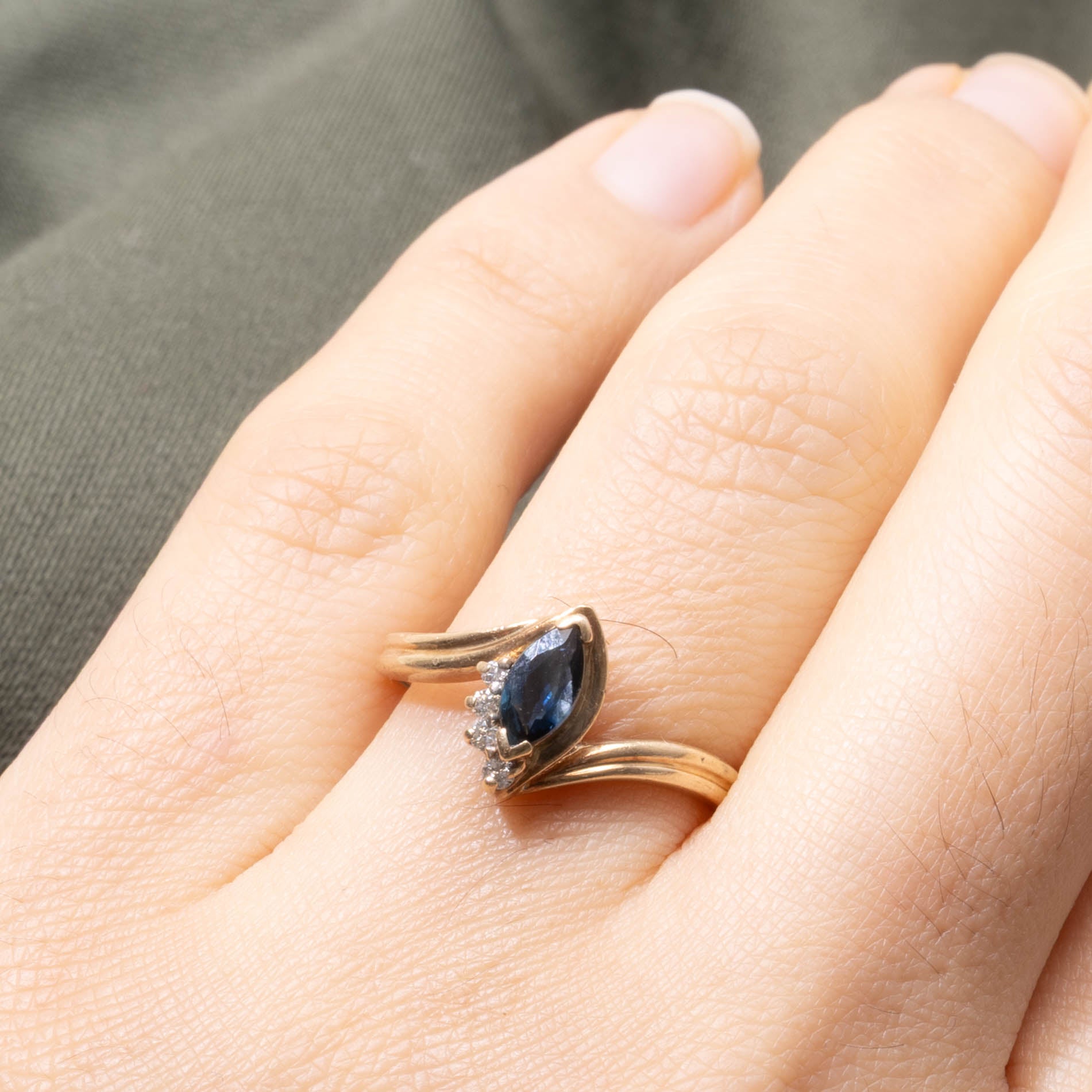 10k Marquise Cut Sapphire & Diamond Accented Bypass Ring | SZ 6.75