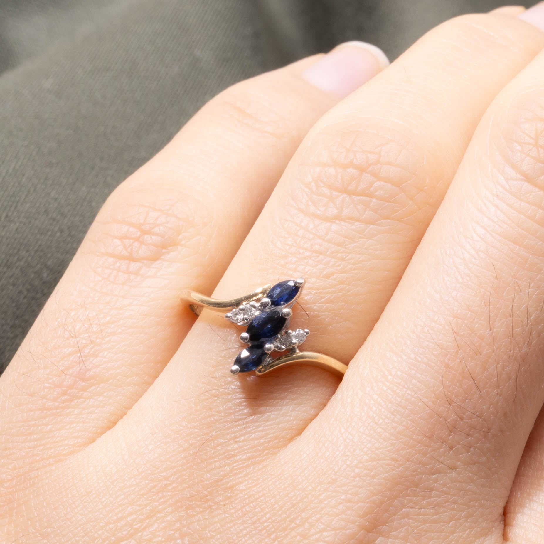 10k Three Stone Sapphire & Diamond Bypass Ring | SZ 7