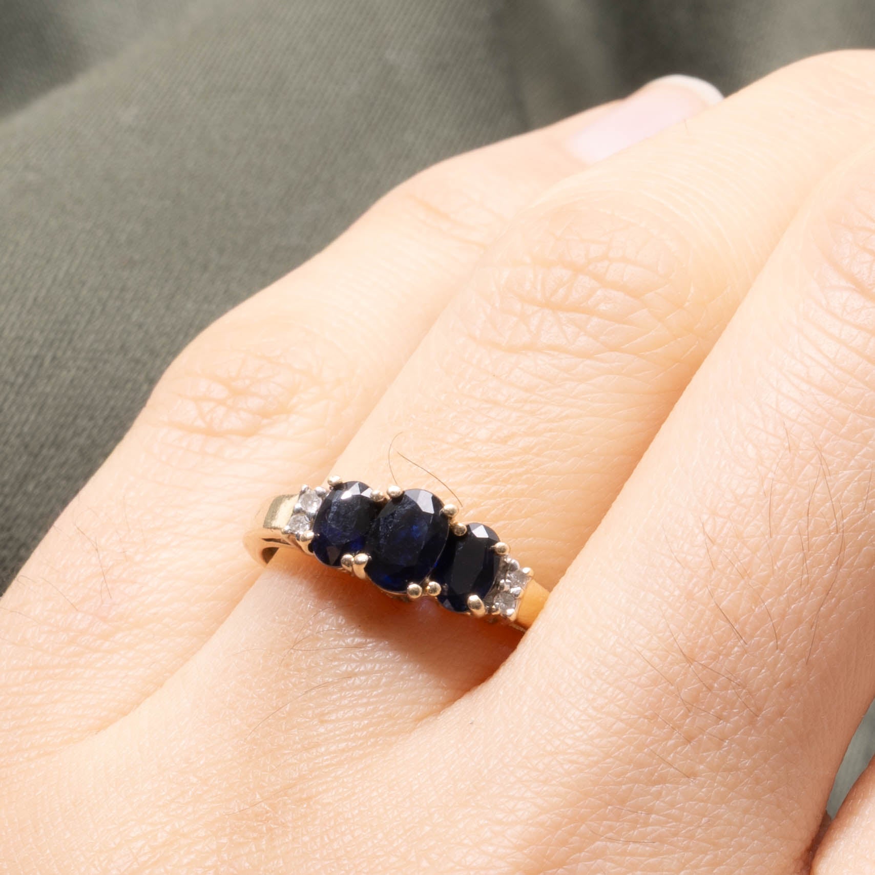 10k Three Stone Sapphire & Diamond Accented Ring | SZ 7