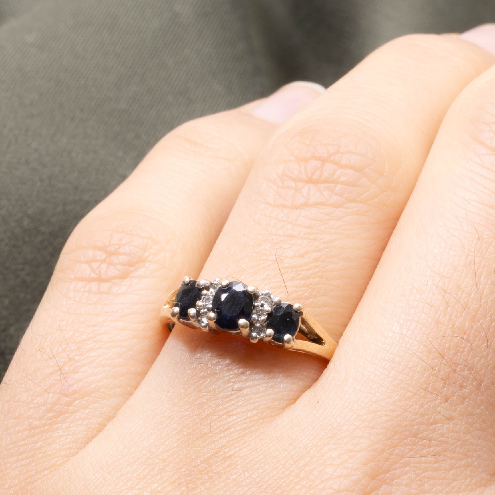 10k Three Stone Sapphire & Diamond Accented Ring | SZ 6.75