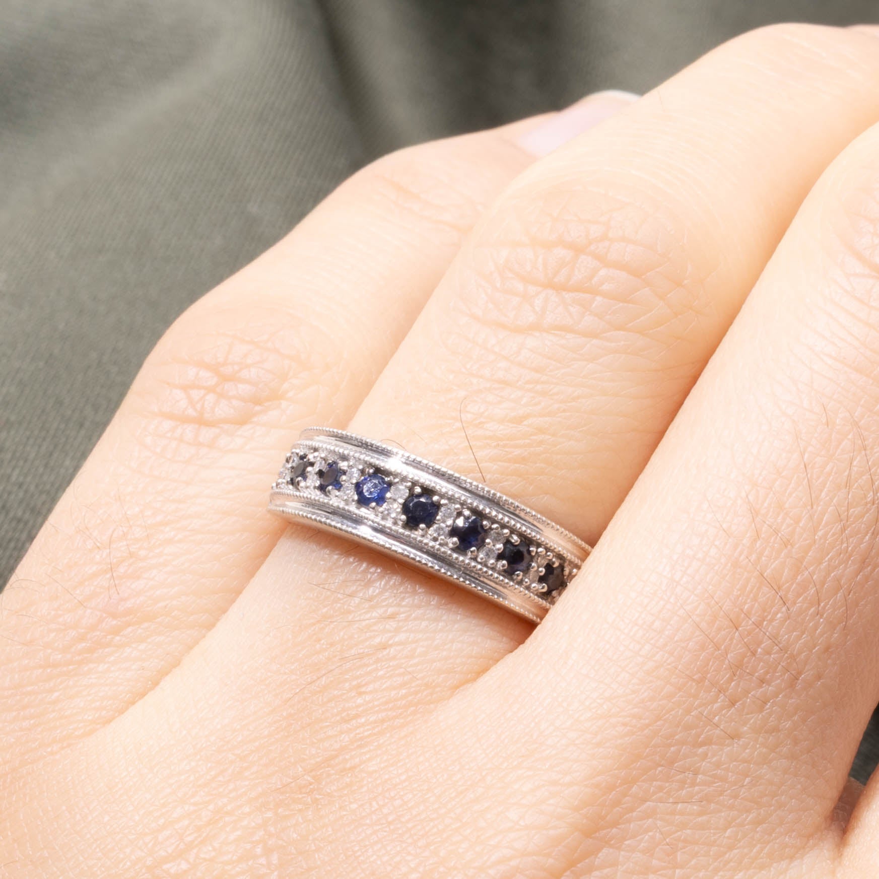 10k Semi Eternity Sapphire & Diamond Milgrain Band | SZ 6