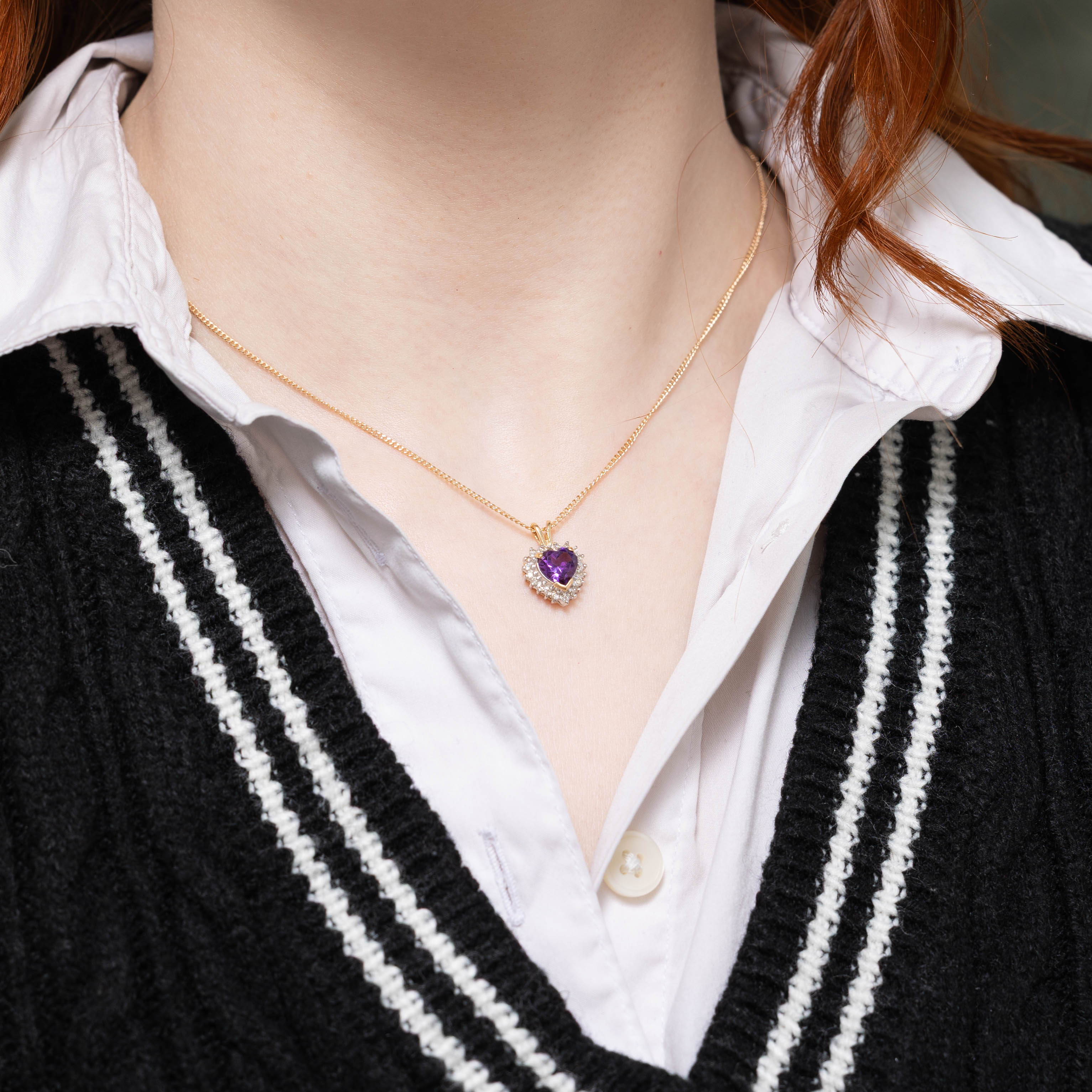 14k Heart Cut Amethyst & Diamond Halo Pendant | 1.00ct, 0.10ctw