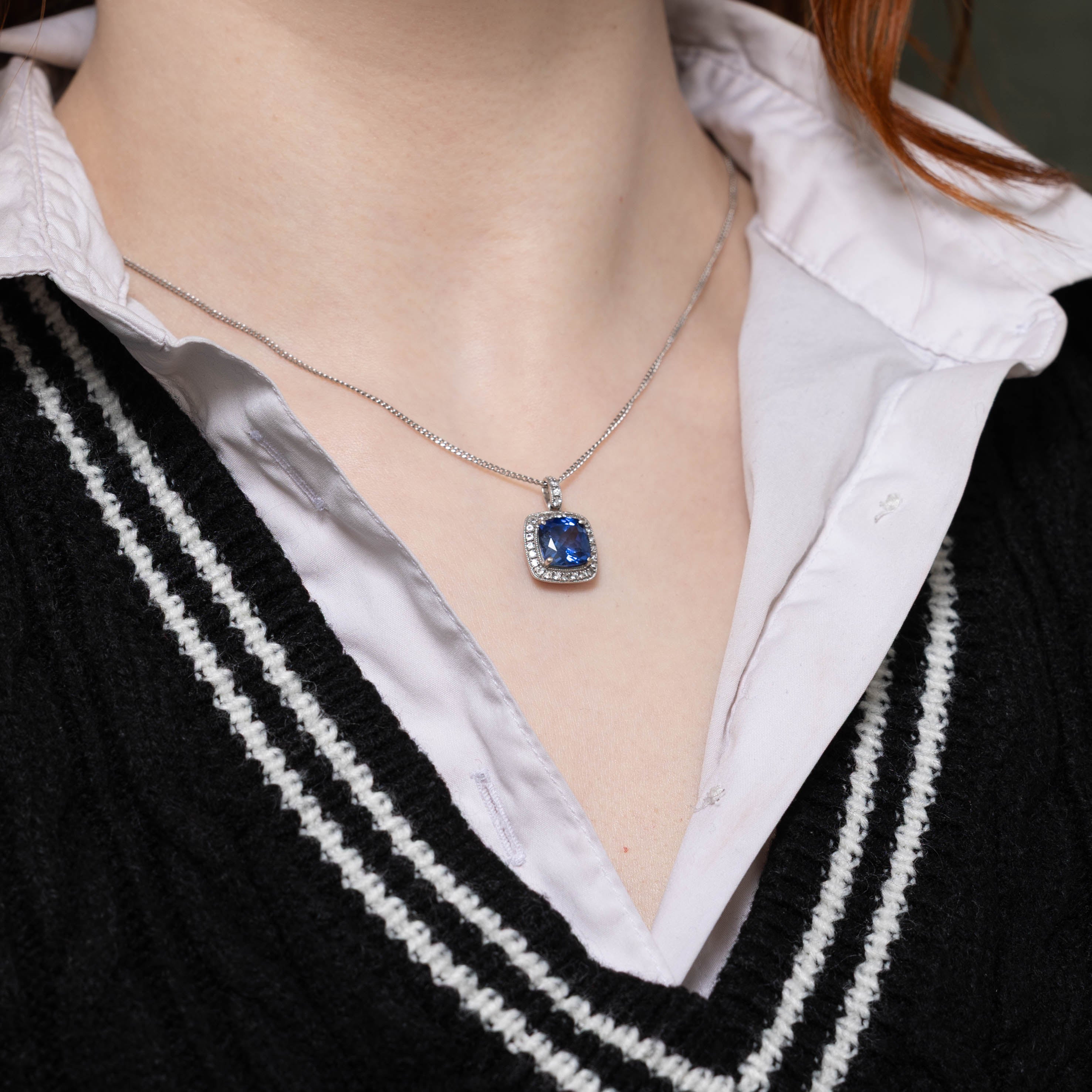 14k Synthetic Sapphire & Natural Diamond Halo Pendant | 3.00ct, 0.21ctw